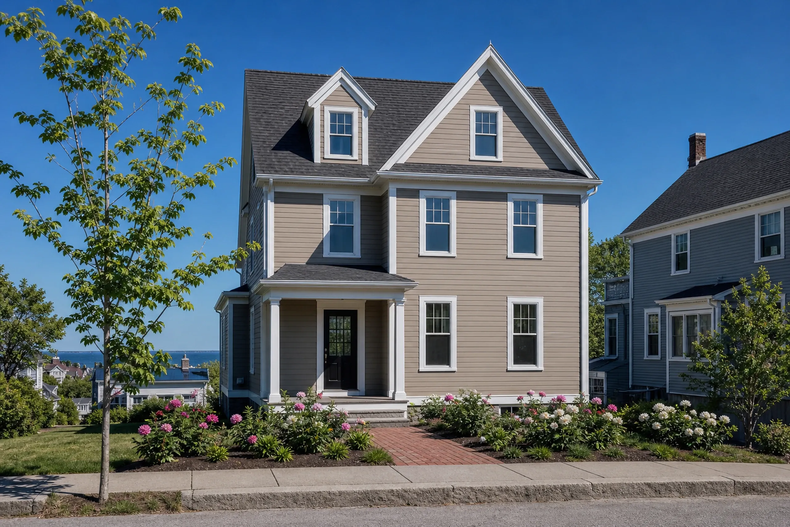 Re-sided Munjoy Hill Victorian two-family in Portland: A re-sided Victorian two-family on a Munjoy Hill street, finished in warm taupe LP lap siding with white trim and a black front door, tall narrow windows and a small front garden of peonies in bloom, bright early-summer afternoon light.