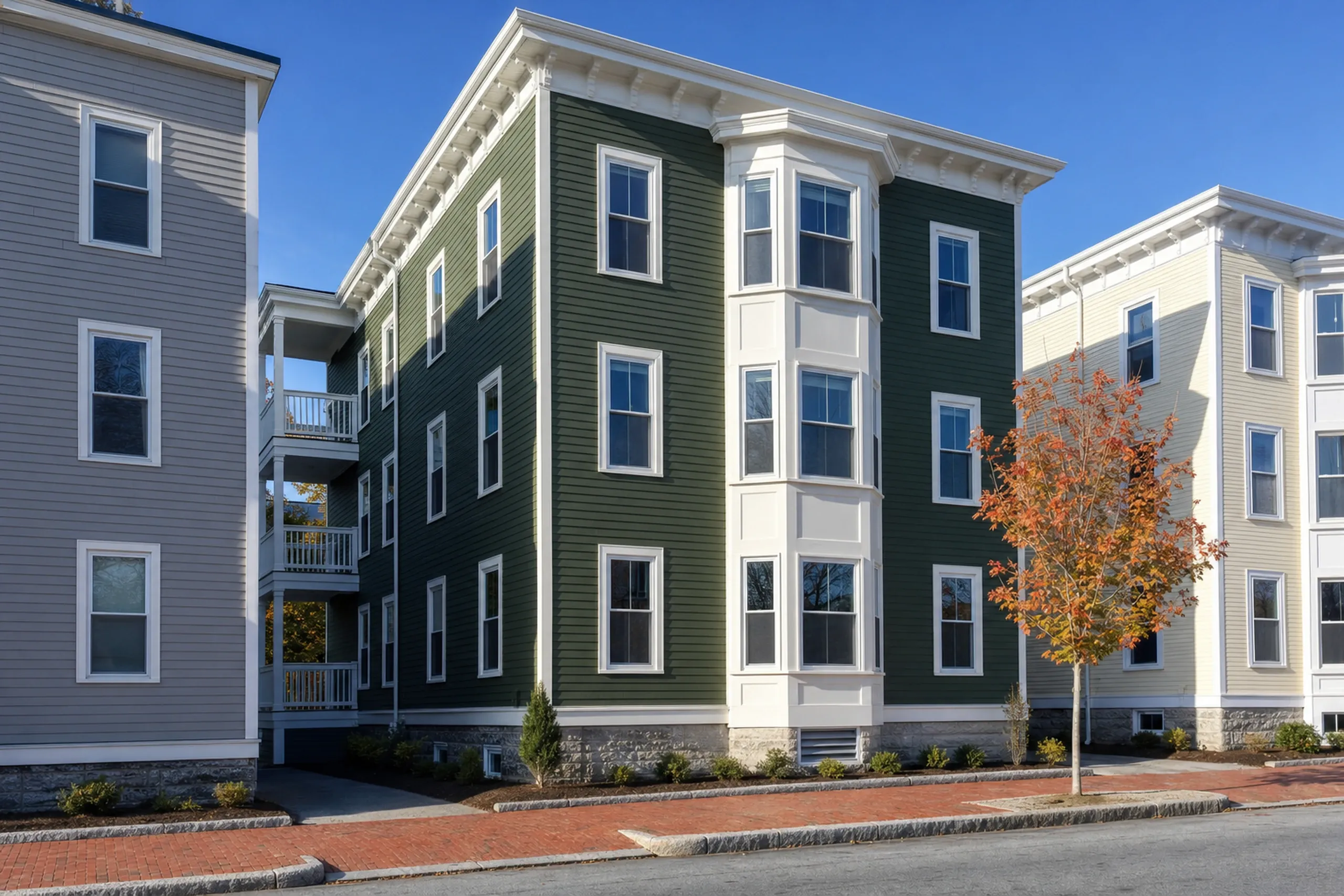 Siding installation in Portland, ME: a three-story wood triple-decker on a narrow peninsula lot, with a full-height bay window and a rear porch, finished in new fiber cement lap siding painted deep green with crisp white trim and corner boards, close neighbors on both sides, early fall.
