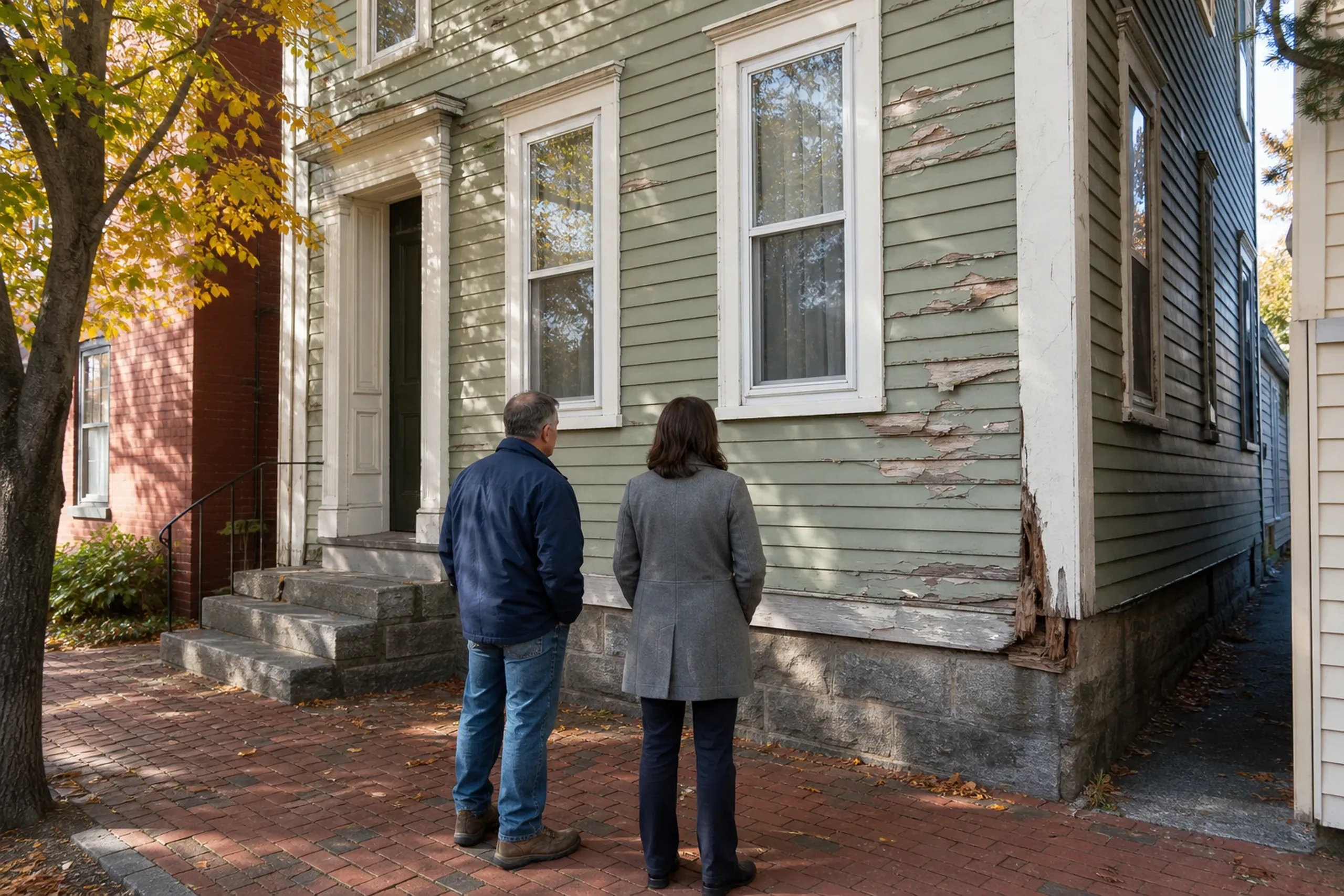 Portland siding first visit at a West End Victorian: On a crisp early-autumn day, two people, a siding installer and a homeowner, seen from behind, stand close to the front wall of a narrow West End Victorian, looking at a rotted corner board, paint peeling in sheets and one long crack in a clapboard.