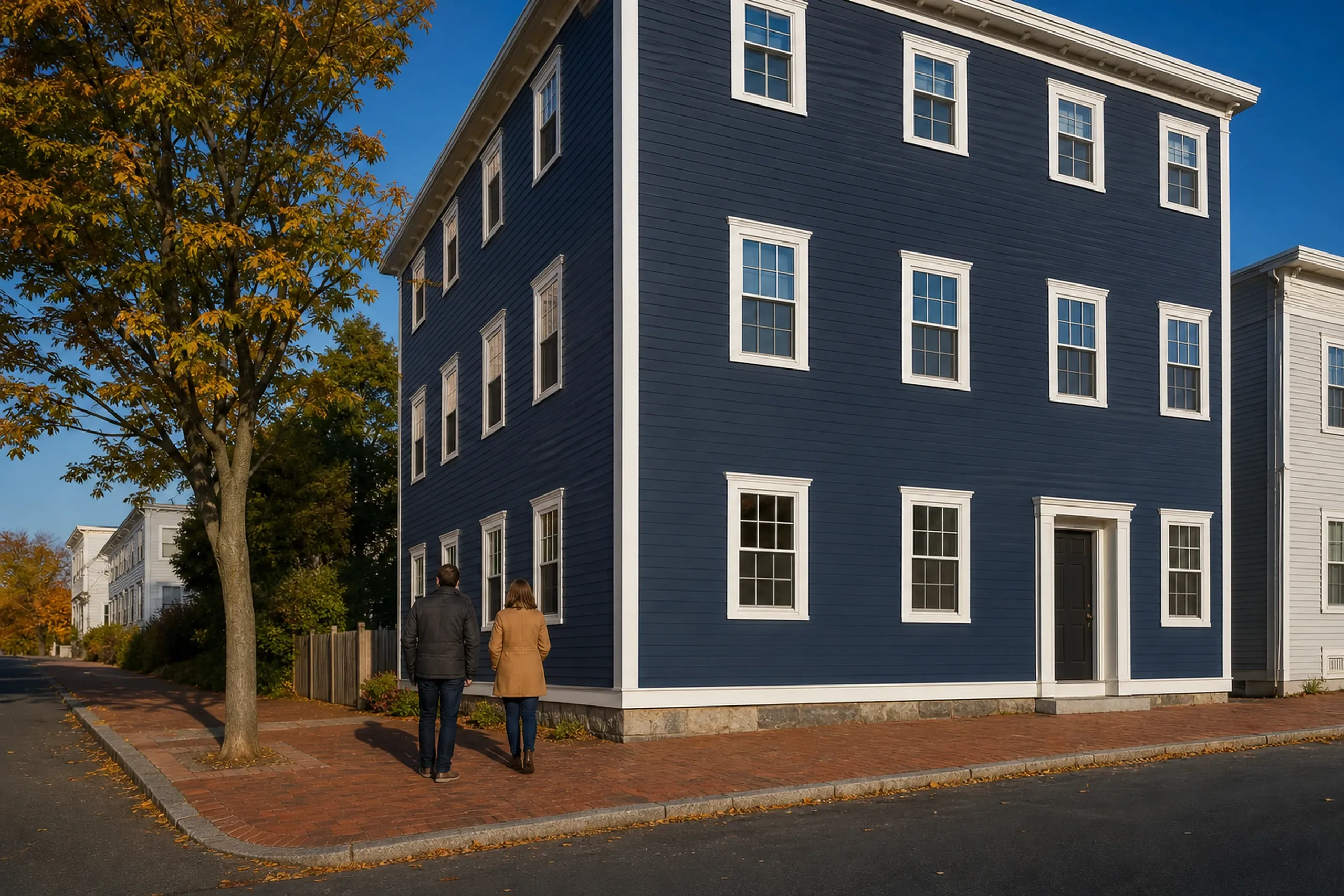 Portland final walkaround at a Munjoy Hill triple-decker: In cool October morning light, two people, a siding installer and a homeowner, seen from behind, walk along a re-sided Munjoy Hill triple-decker finished in deep navy fiber cement lap with white corner boards and white window casings, looking up at the straight lines.