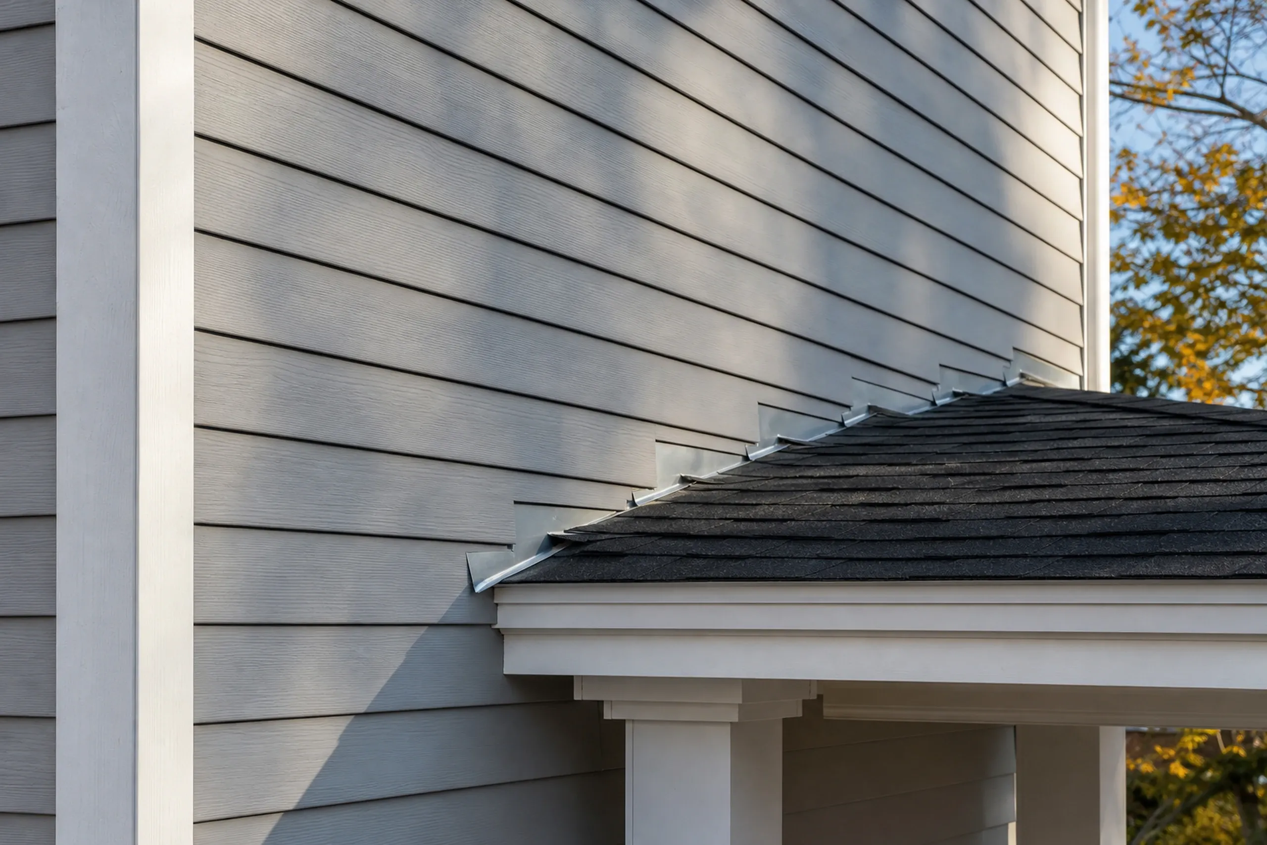 Fiber cement going up on a Portland triple-decker: close view of fresh fiber cement lap boards fastened over taped housewrap where a lower porch roof meets the wall, a metal kick-out flashing at the roof edge and a clear gap above the shingles, early fall.