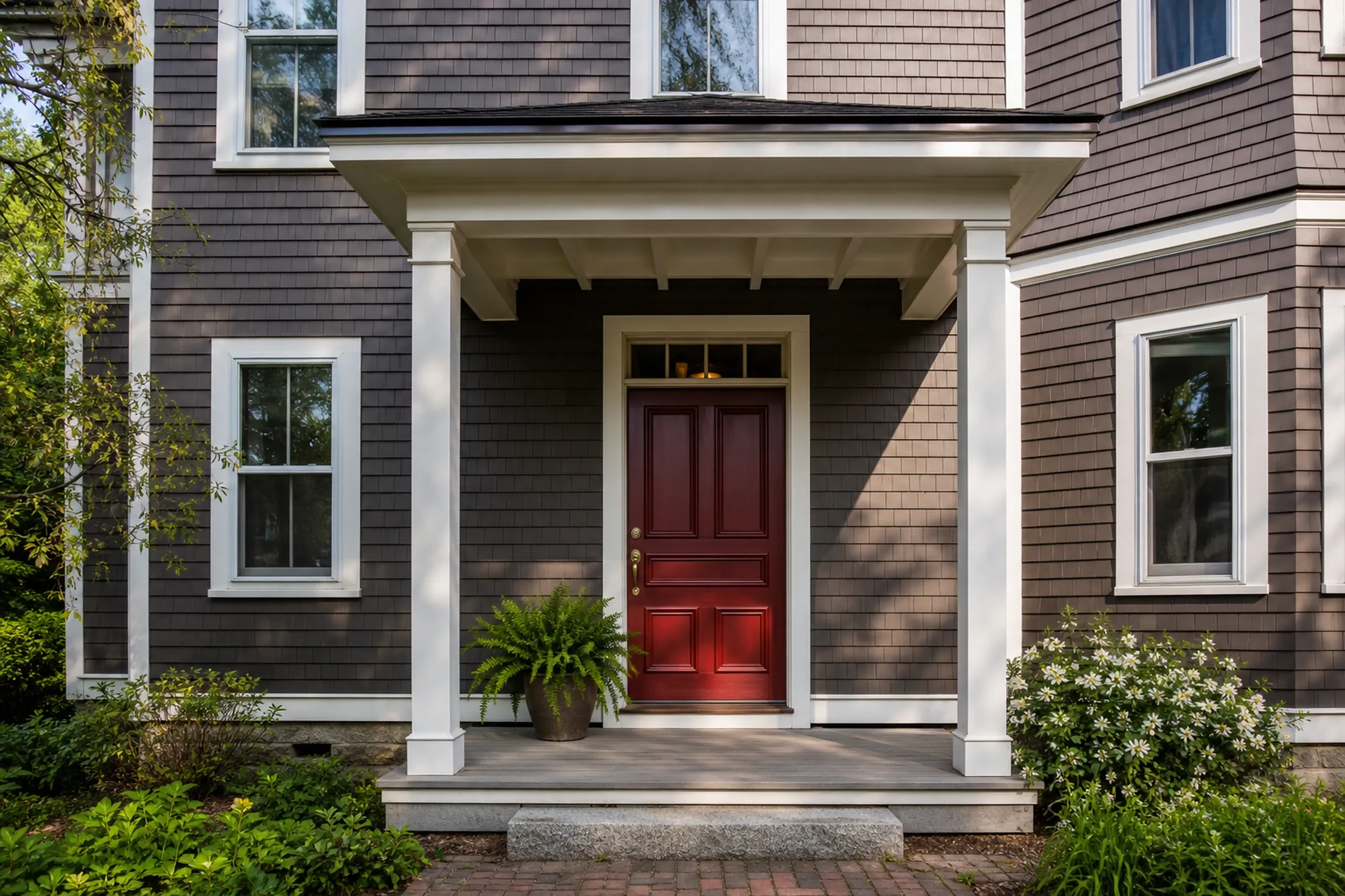 Portland re-sided Victorian front entry: The front entry of a re-sided West End Victorian, new cedar shingles stained deep gray-brown around a heavy paneled door painted deep red with a transom window, white casings, a worn granite step and a fern in a pot, clear late-spring morning light.