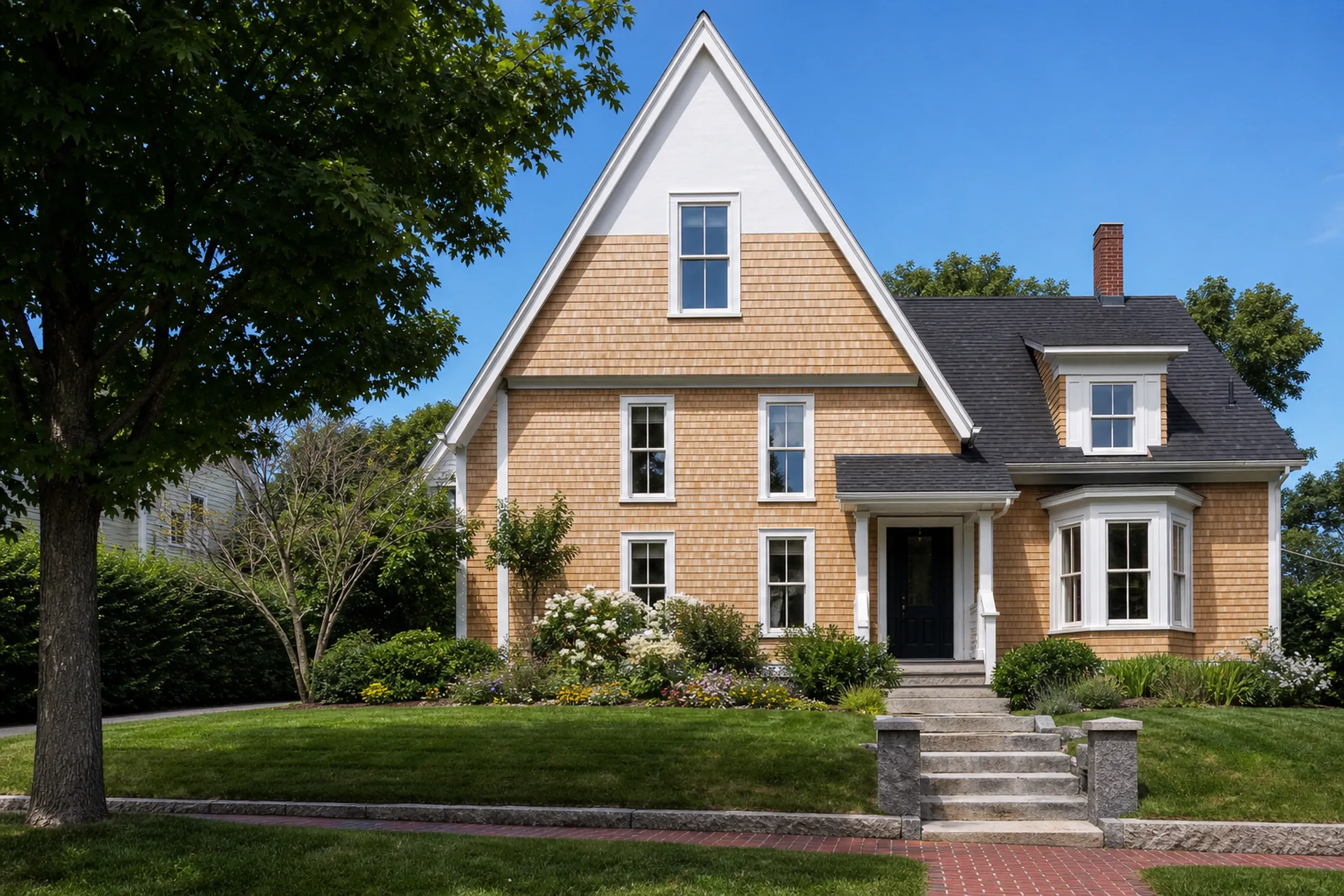 Cedar shingles on a Portland Victorian: new eastern white cedar shingles going up course by course over housewrap on a steep front gable, crisp white rake trim and a decorative window casing, clear summer light.