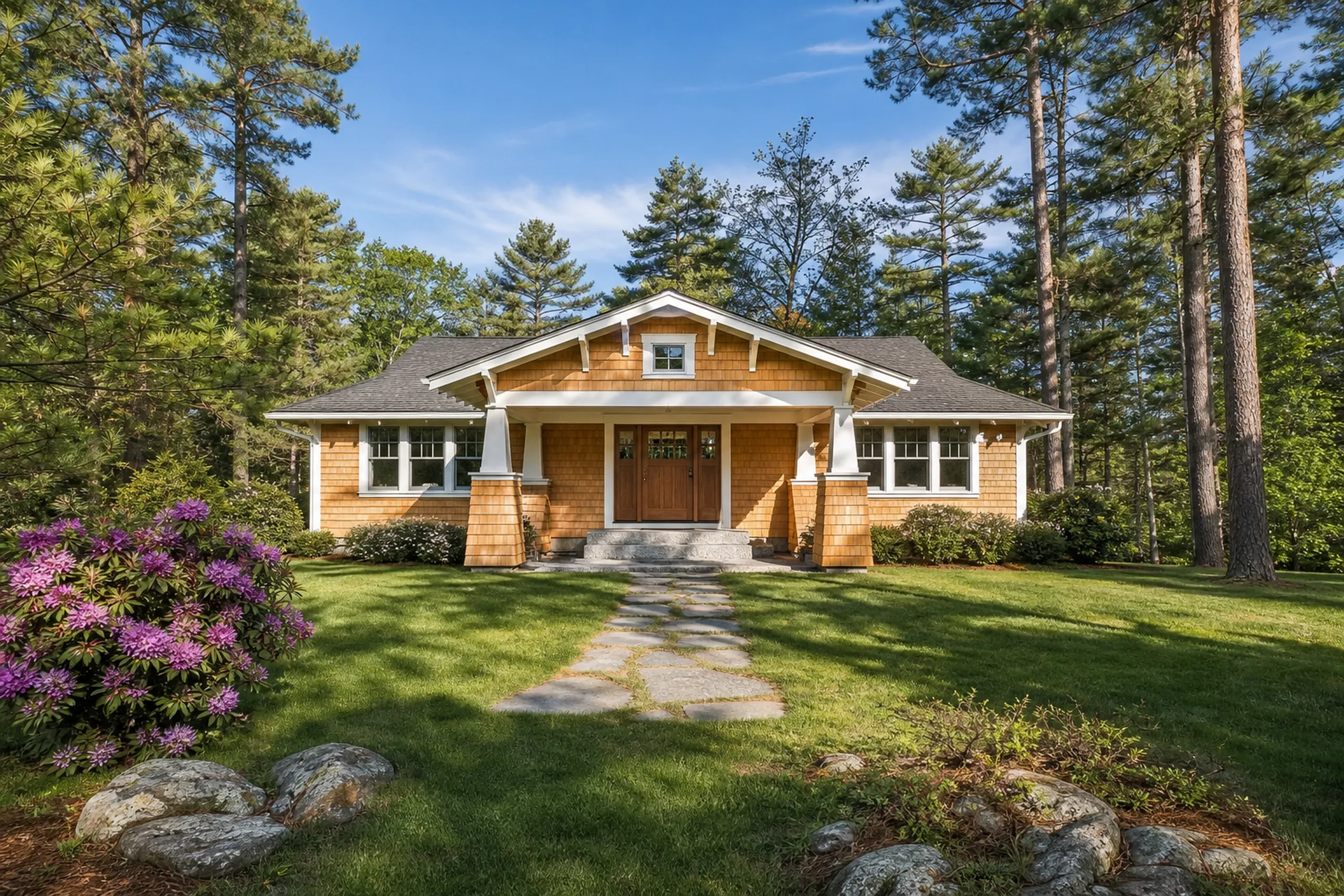 Cedar shingle siding in Saco, ME: new natural cedar shingles in even courses on a Craftsman bungalow with deep eaves and a shingled porch, early summer