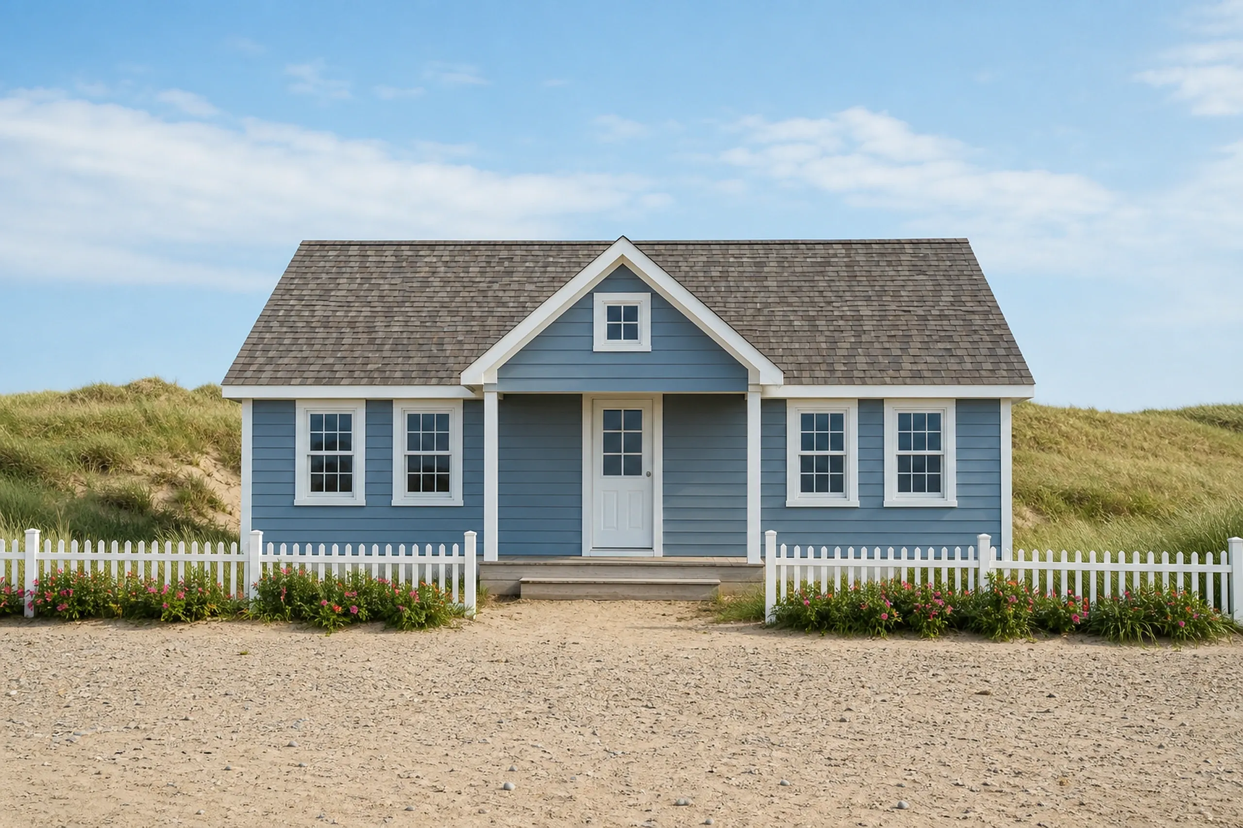 Saco Camp Ellis cottage after re-siding: A re-sided Camp Ellis beach cottage in dusty blue LP lap siding with white corner boards and window trim, a small front porch, sea roses leafing out along a picket fence and dune grass greening behind it, clear late-spring morning light.