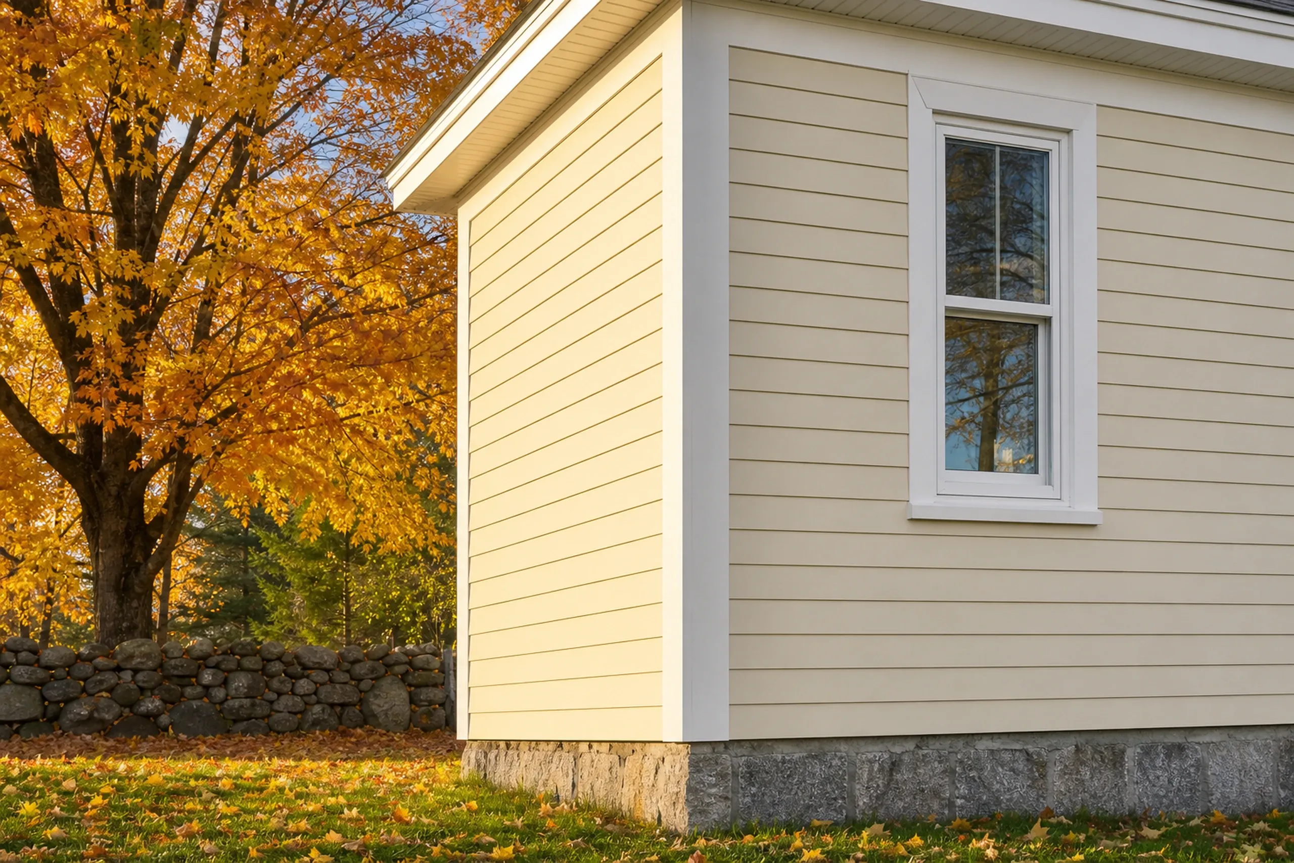 Hardie siding in Saco, ME: smooth cream fiber cement lap boards meeting a wide white corner board on an older two-story house, fallen leaves on the lawn
