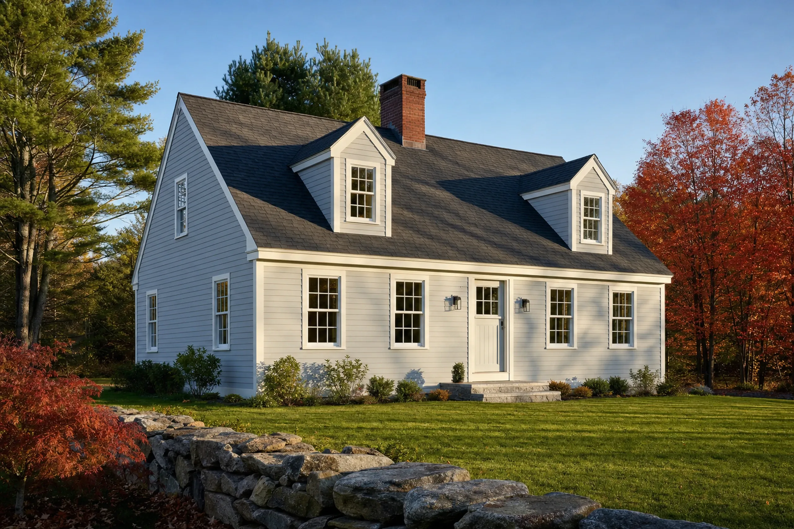 Siding installation in Saco, ME: a story-and-a-half cape finished in new pale gray fiber cement lap siding with crisp white trim and corner boards, red maples turning in early fall