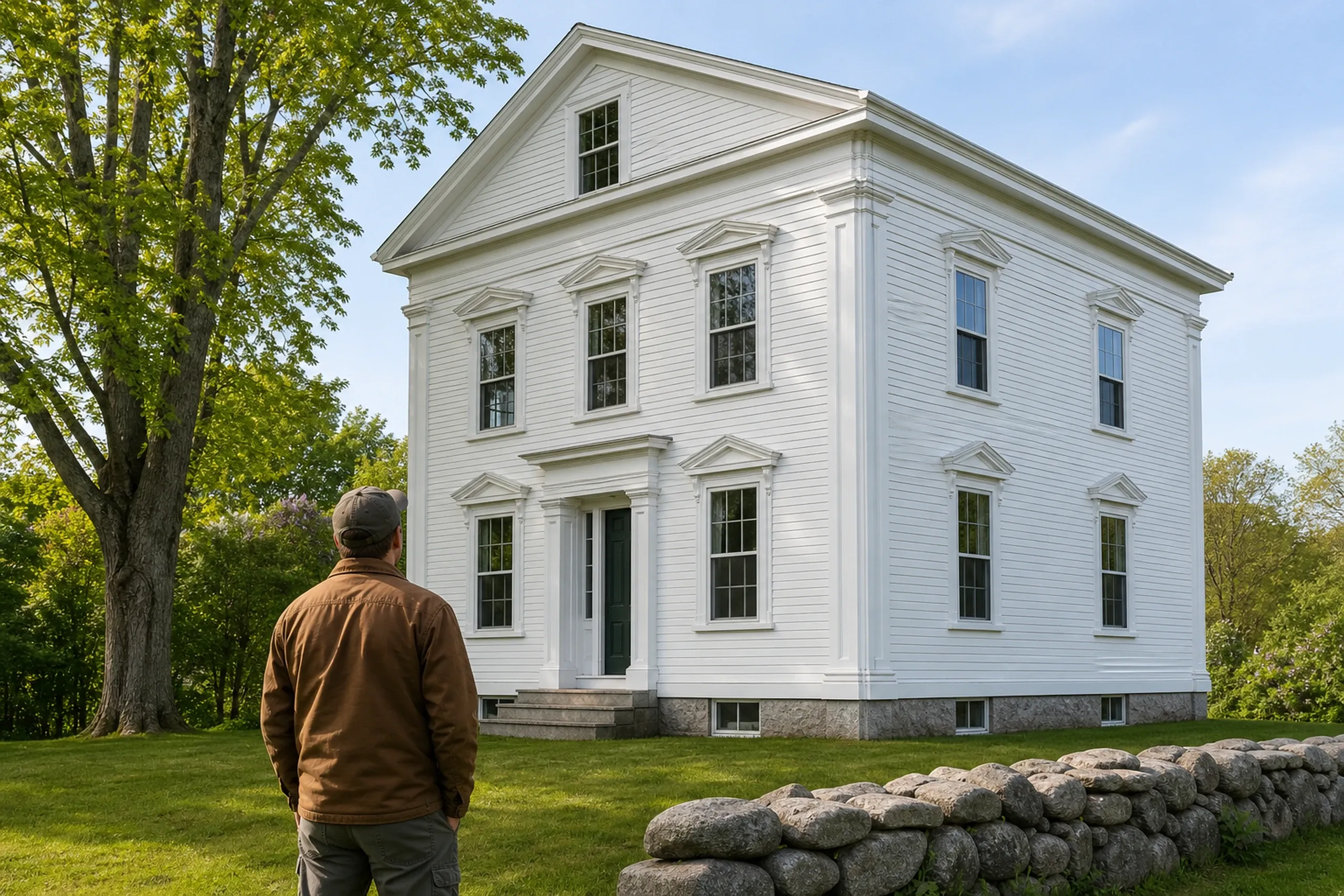 Saco historic house wall check: one installer seen from behind studying the painted clapboards and window casing of a large 19th-century home, soft late-spring morning light