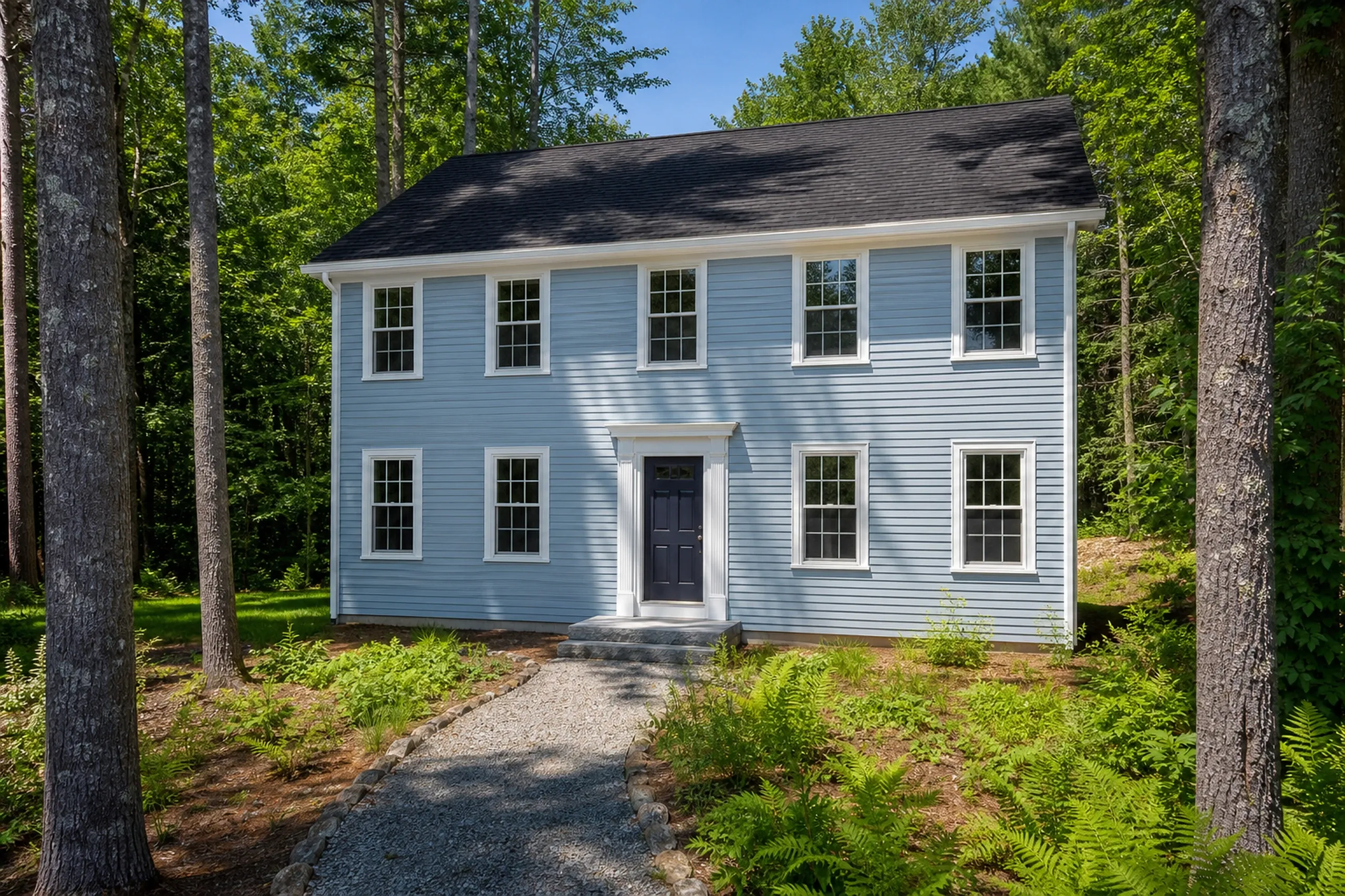 Vinyl siding replacement in North Saco, ME: a two-story colonial-style house in new pale blue vinyl lap siding with white trim on a wooded lot, midsummer