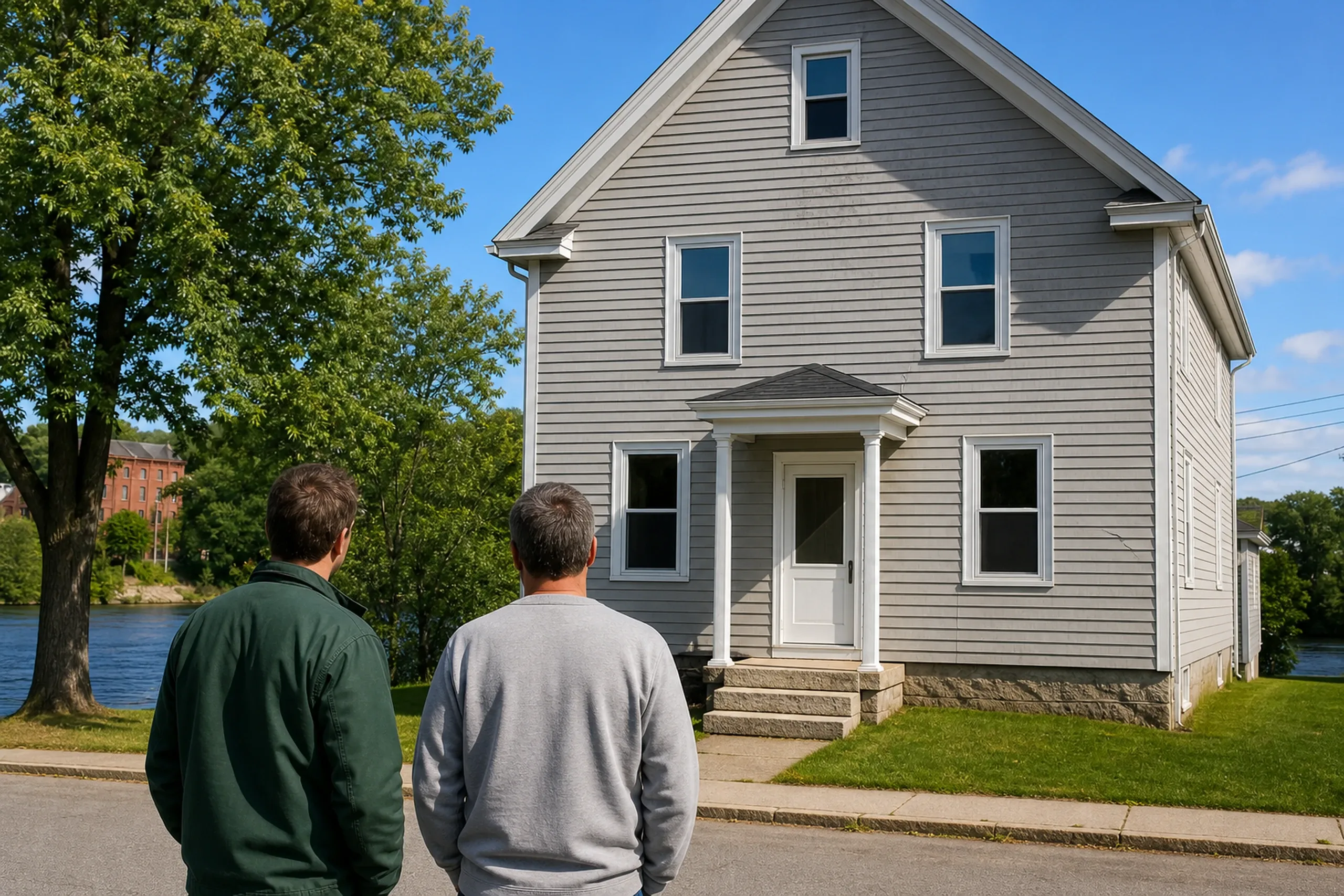 Saco mill-era two-family first visit, faded vinyl: On a river-side Saco street, two people, a siding installer and a homeowner, seen from behind, stand with hands at their sides before a mill-era two-family house, studying chalky faded gray vinyl lap siding with one cracked panel beside the shared front entry, bright summer afternoon.