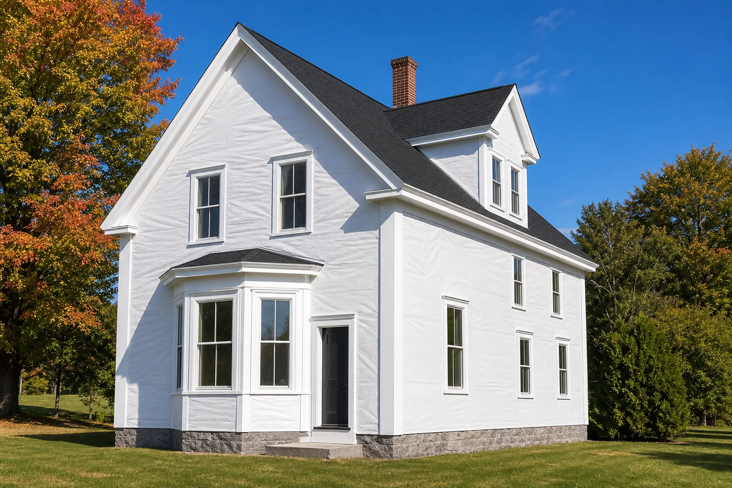 Saco Victorian corner board and trim stage: On a Saco Victorian side wall, an in-progress corner board and trim stage shows plain white housewrap across the whole wall, with new wide white corner boards, fresh window casings and a trimmed bay window in place and the housewrap otherwise unbroken, crisp early-autumn light.