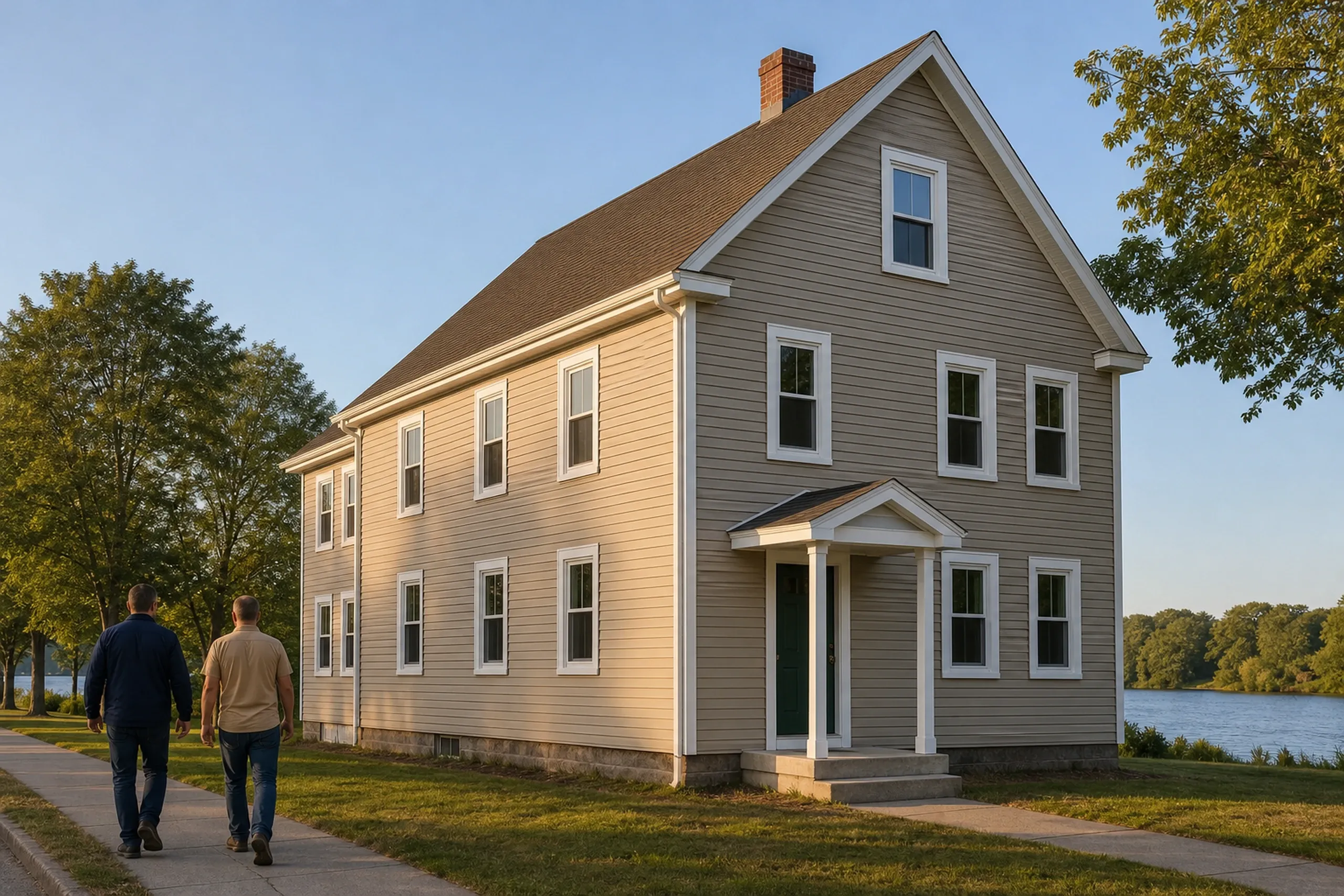 Saco two-family final walkaround, new vinyl lap: In warm late-afternoon summer light, two people, a siding installer and a homeowner, seen from behind, walk past a re-sided Saco mill-era two-family house finished in soft taupe vinyl lap with white corner boards, white window casings and a deep green front door.