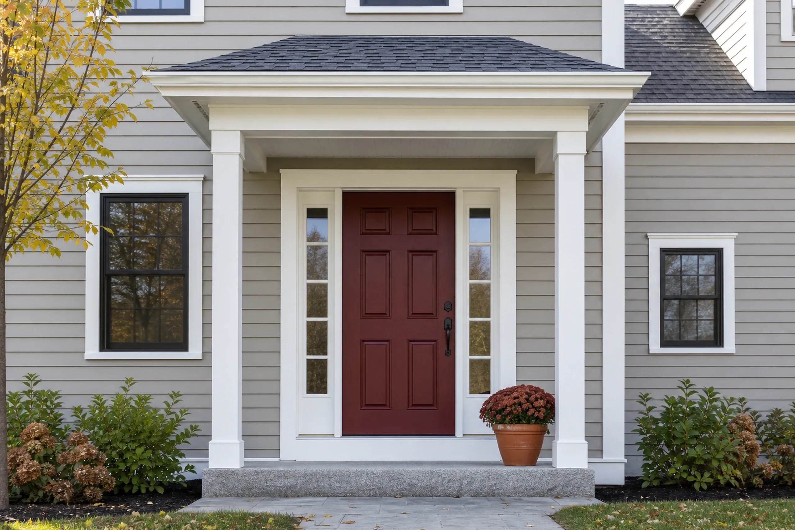 Saco Victorian front entry in fiber cement lap: Tall vertical view of the front entry of a re-sided Saco Victorian, with a deep burgundy paneled door, narrow sidelights, a single granite step and the wall around it in warm putty fiber cement lap siding with white casings, a clay pot of rust chrysanthemums beside the door, cool clear October light.
