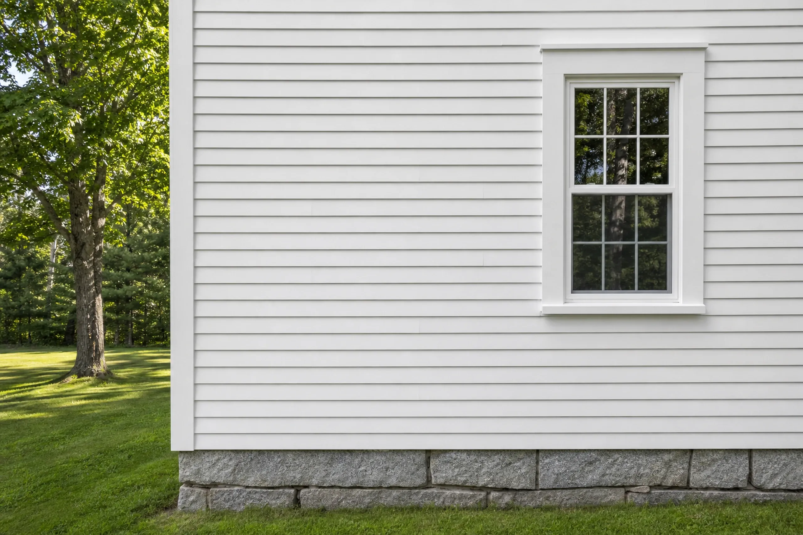 Sanford, ME clapboard repair: a side wall of an older Springvale house where a section of new painted white clapboards has been blended into the old wall at the same reveal, a white window casing beside it, summer afternoon.