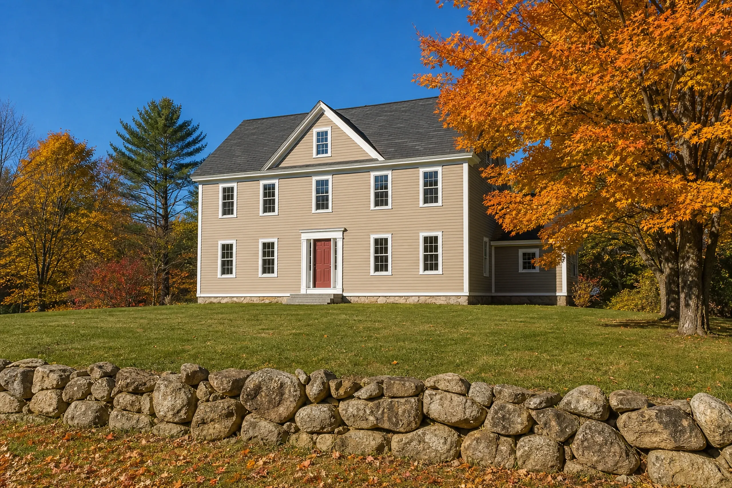Sanford Springvale house after re-siding: A re-sided Springvale two-story house with a front gable in warm sandy-tan fiber cement lap siding, white trim and a brick-red front door, a wide lawn with sugar maples turning orange and a stone wall along the front, crisp early-autumn light.