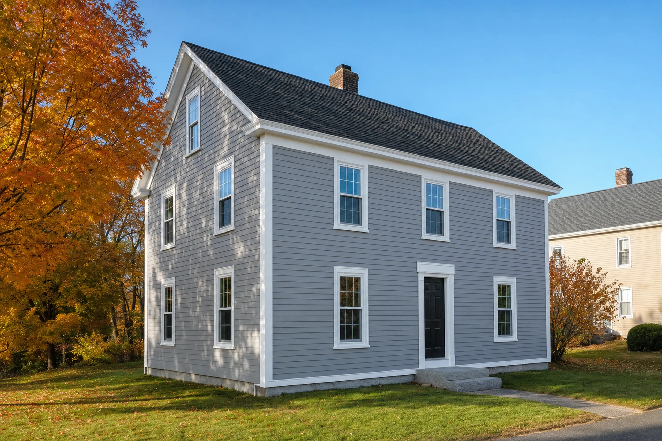 Siding installation in Sanford, ME: a two-story mill-era house near downtown Sanford with finished pale gray vinyl lap siding, crisp white corner boards and window trim, a granite front step and maple trees turning orange in early fall.