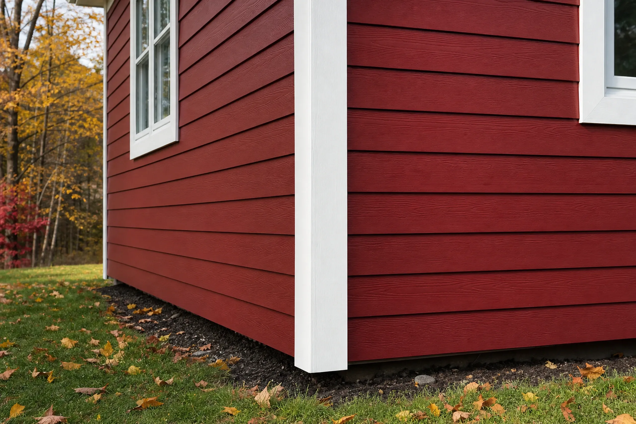 LP lap siding on a Sanford, ME colonial: close view of a corner where painted engineered wood lap boards in deep barn red meet a wide white corner board, the bottom course held well above the ground, early fall leaves on the lawn.