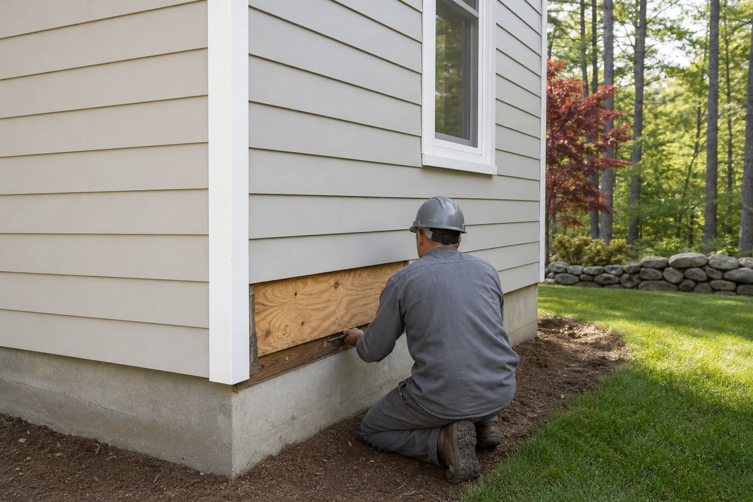 Sanford sill check before pricing: one installer seen from behind, kneeling at the lower corner of a postwar ranch where a strip of old siding is off, pressing an awl into the wood sill above the concrete foundation, plywood sheathing showing, summer light.