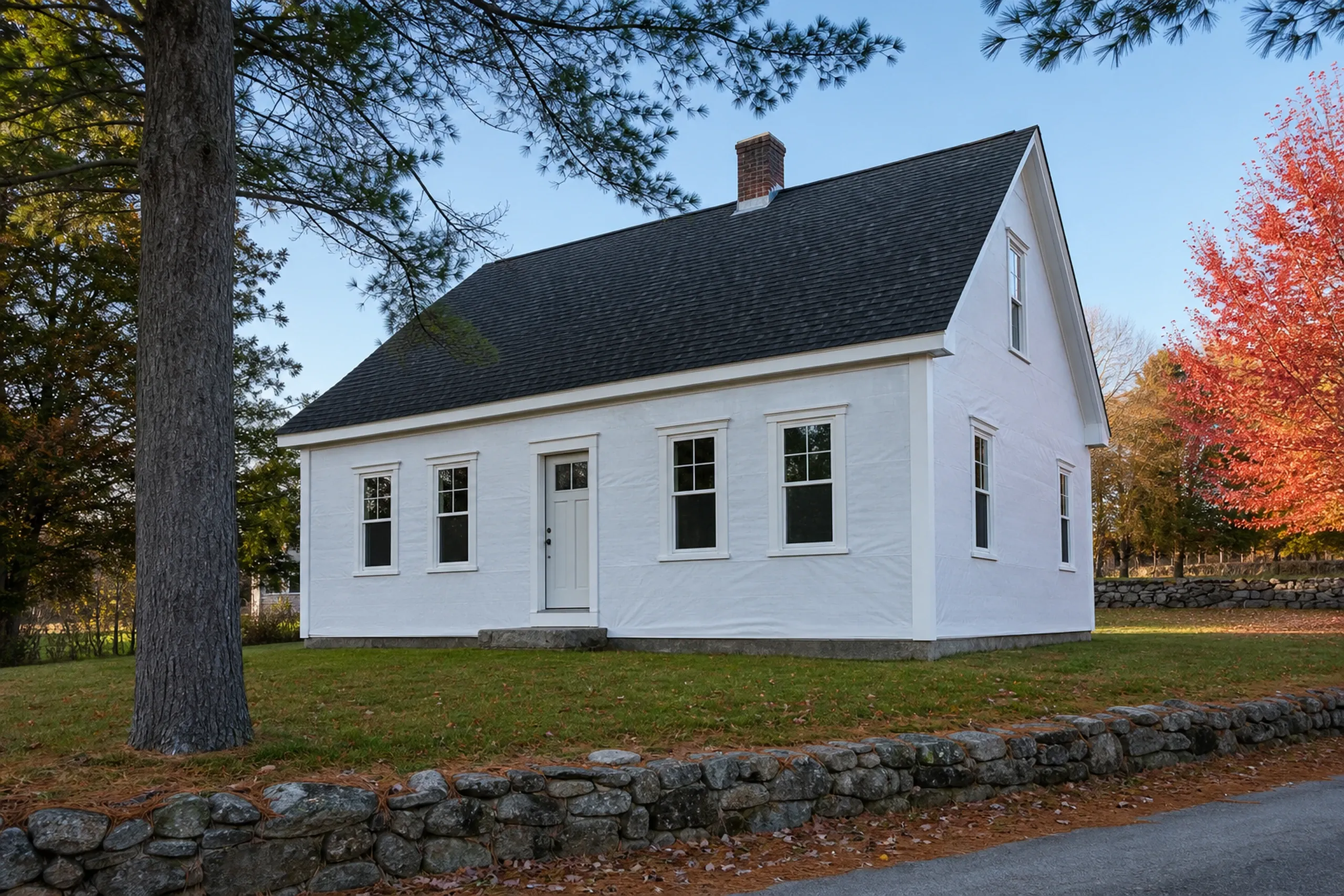Sanford cape corner board and trim stage: On a Sanford cape, an in-progress corner board and trim stage shows plain white housewrap across the front wall with crisp new white corner boards and fresh casings around each window and the door, the housewrap otherwise unbroken, cool clear October morning light.