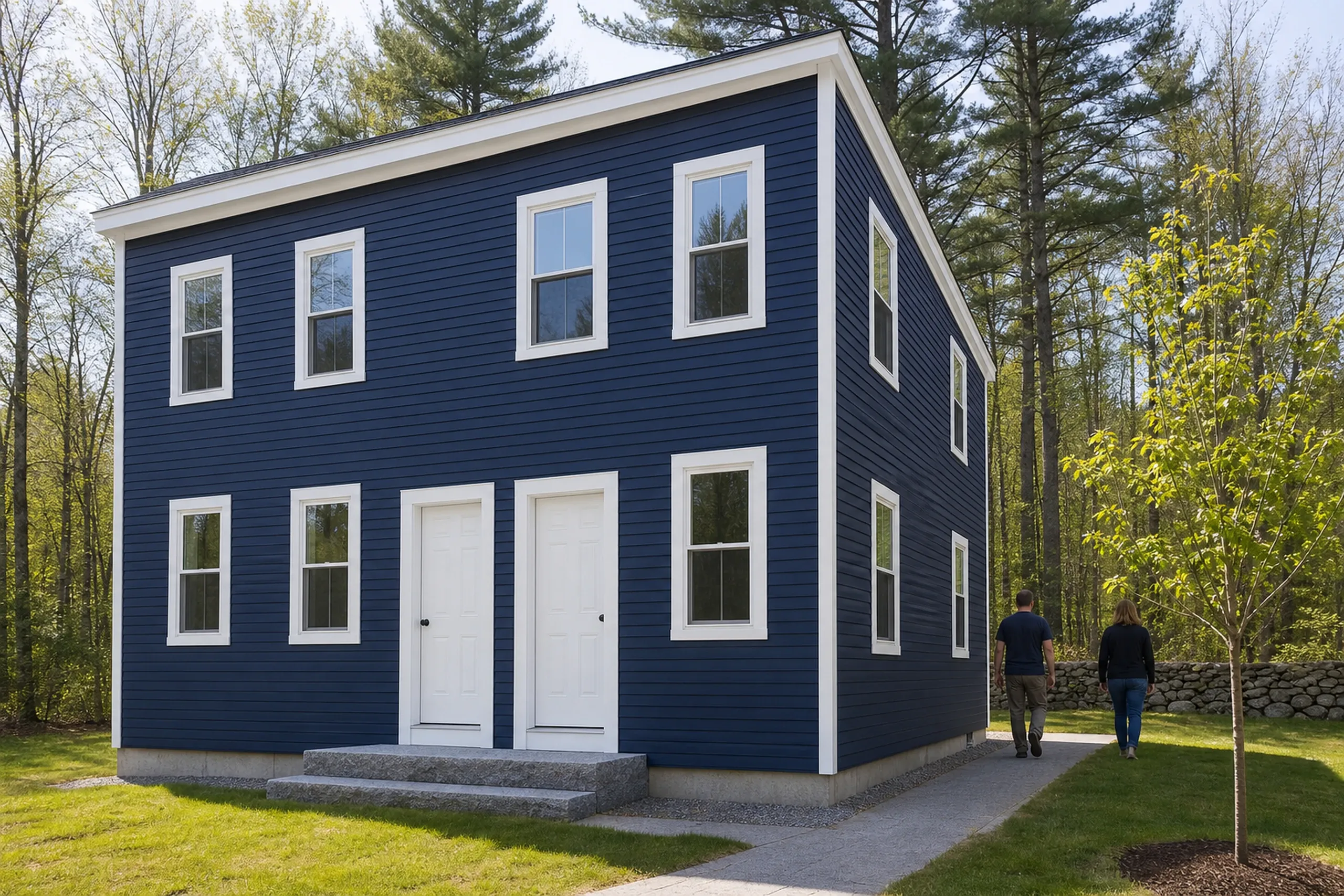 Sanford two-family final walkaround, navy LP lap: In clear late-spring morning light, two people, a siding installer and a homeowner, seen from behind, walk beside a re-sided Sanford two-family finished in deep navy LP lap siding with bright white corner boards and window casings, a granite front step and two white doors.