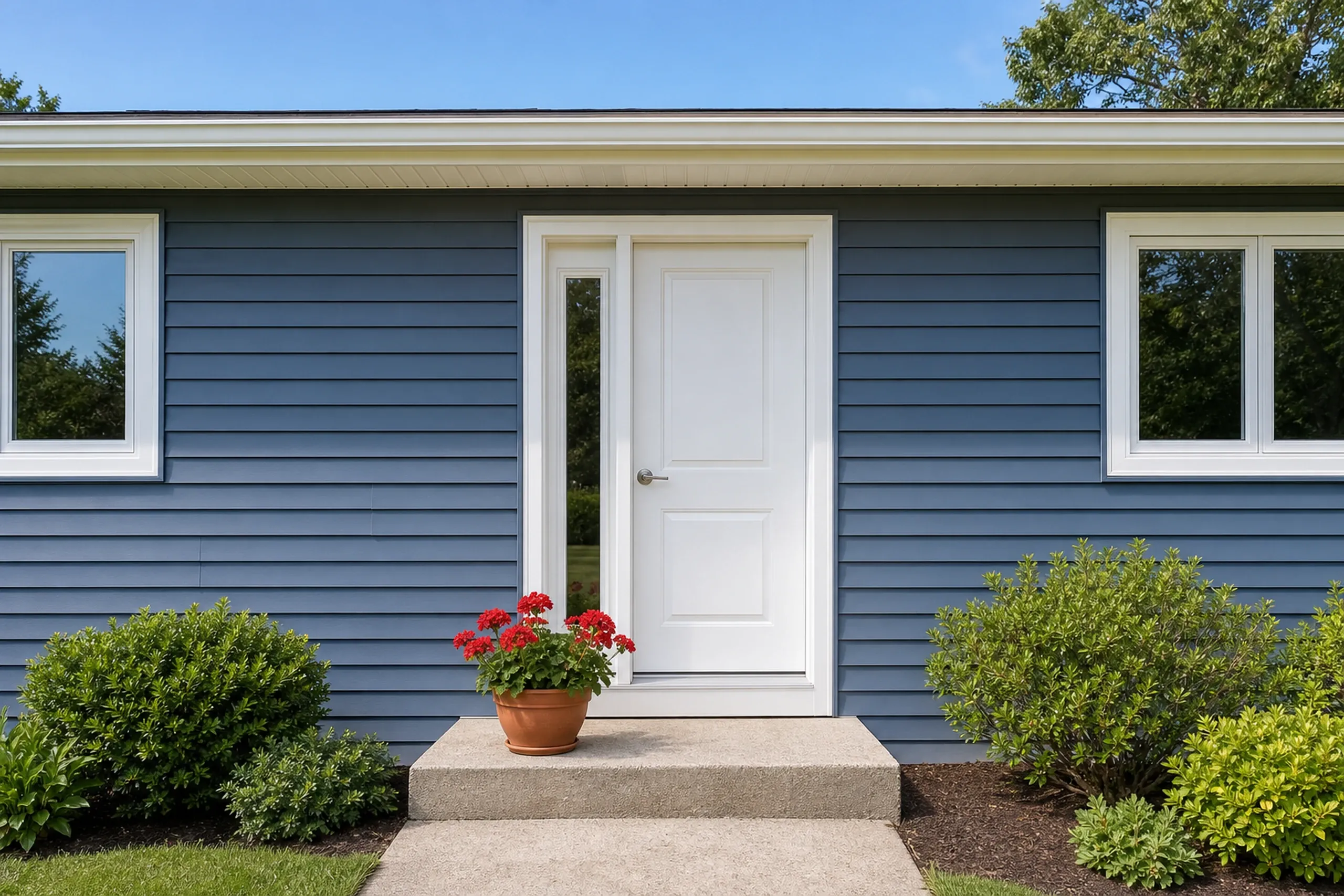 Sanford ranch front entry, slate blue vinyl lap: Tall vertical view of the front entry of a re-sided Sanford ranch, a white door with a narrow sidelight, a poured concrete step with a clay pot of geraniums and the wall around it in slate blue vinyl lap siding with white corner boards and trim, bright early-summer afternoon light.