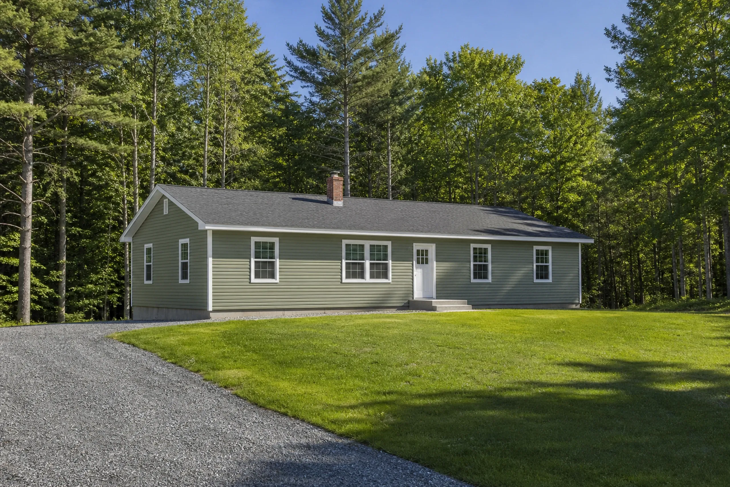 Vinyl siding on a Sanford, ME ranch: a single-story postwar ranch on a wide wooded lot, finished in sage green vinyl lap siding with white trim, white corner boards and a concrete step, late spring grass and pines behind.