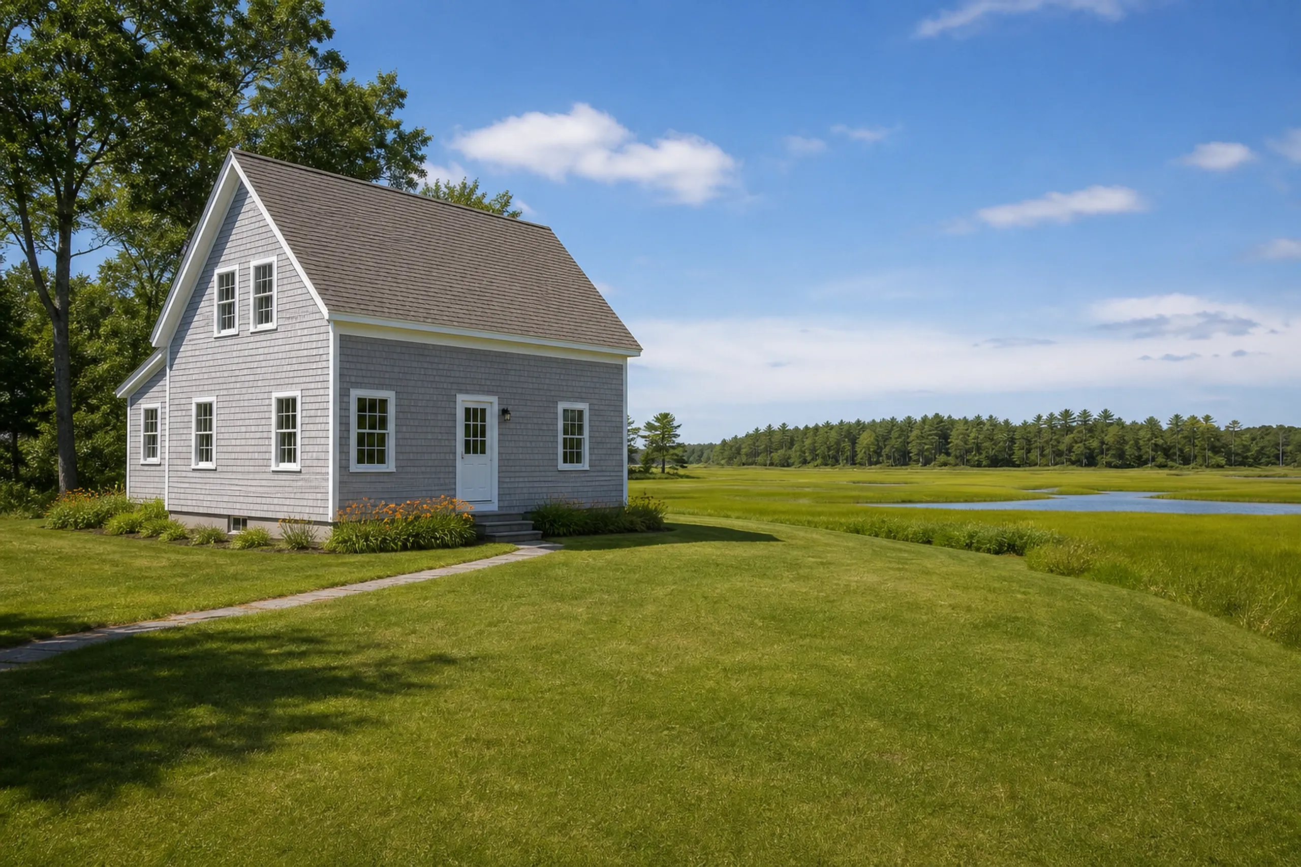 Re-sided Scarborough shingle-style cottage by the marsh: A re-sided shingle-style cottage beside a tidal salt marsh, cedar shingles weathering to soft silver-gray, white trim and corner boards, orange daylilies by the walk and bright green marsh grass beyond, bright early-summer afternoon light.