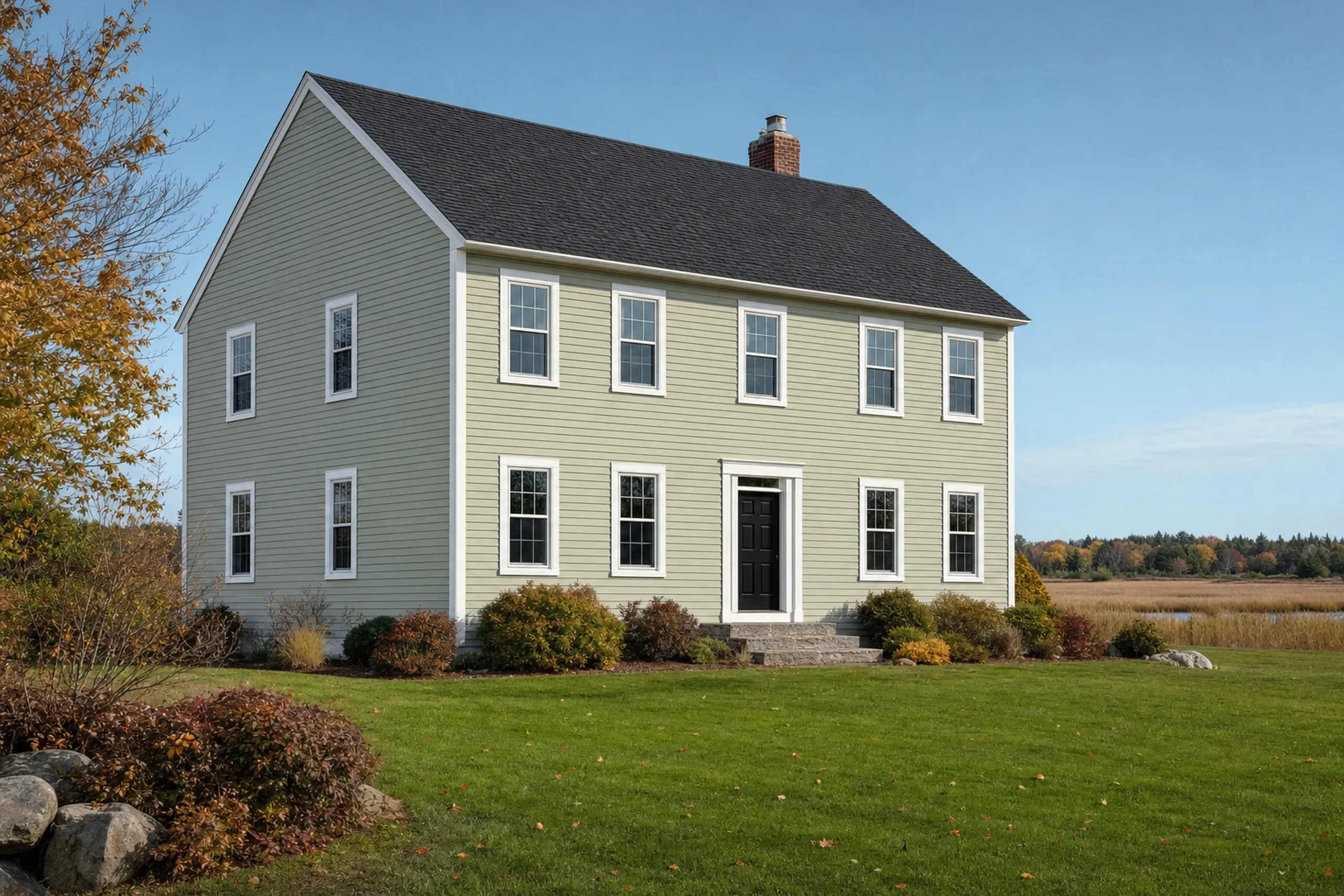 Siding installation in Scarborough, ME: a 1990s two-story colonial on a quiet subdivision street, its pale sage vinyl lap walls trimmed in white at the corners and windows, a black front door, salt marsh grass at the far edge of the lot, early fall.