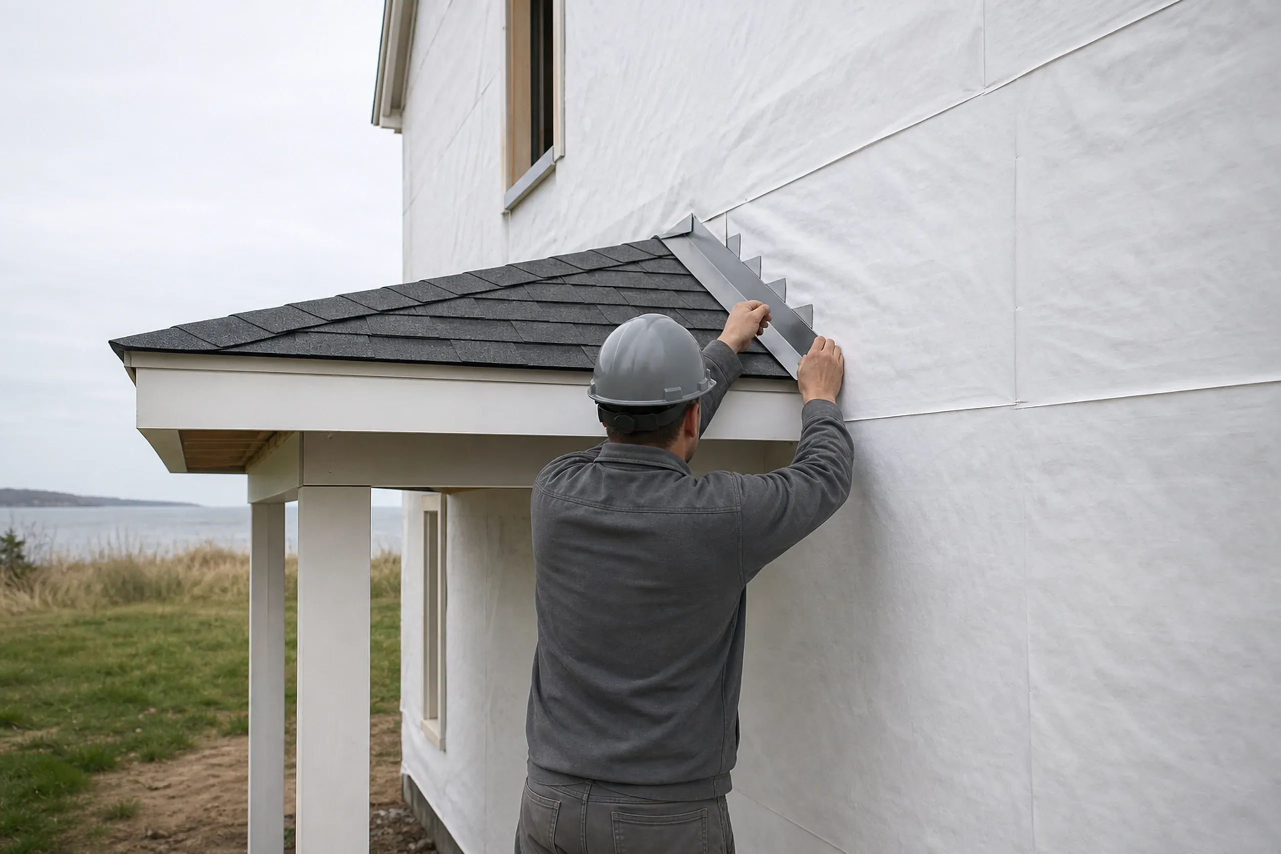 Kick-out flashing on a Scarborough re-side: one installer, back to the camera, setting a metal kick-out flashing at the joint between a porch roof and a wall wrapped in plain white housewrap, beach grass and a gray sky in the distance, late spring.
