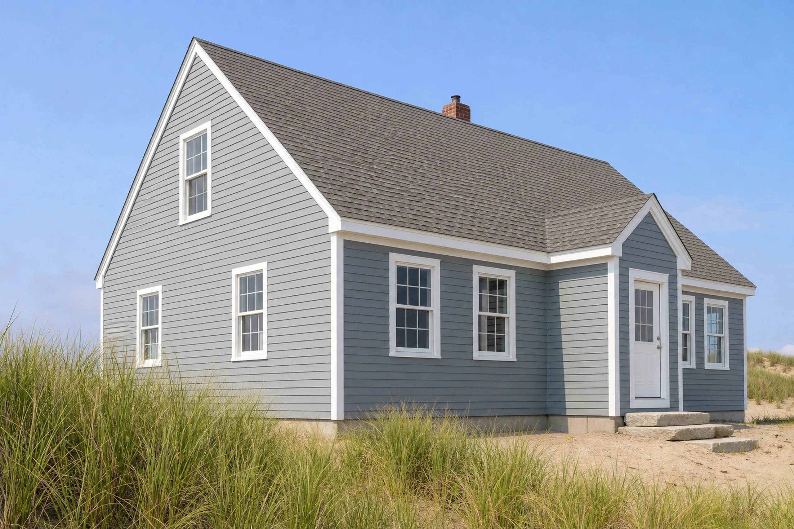 Fiber cement siding at Pine Point in Scarborough: a beach house near the dunes finished in fiber cement lap siding painted soft gray-blue, white corner boards and window trim, dune grass in front, midsummer.