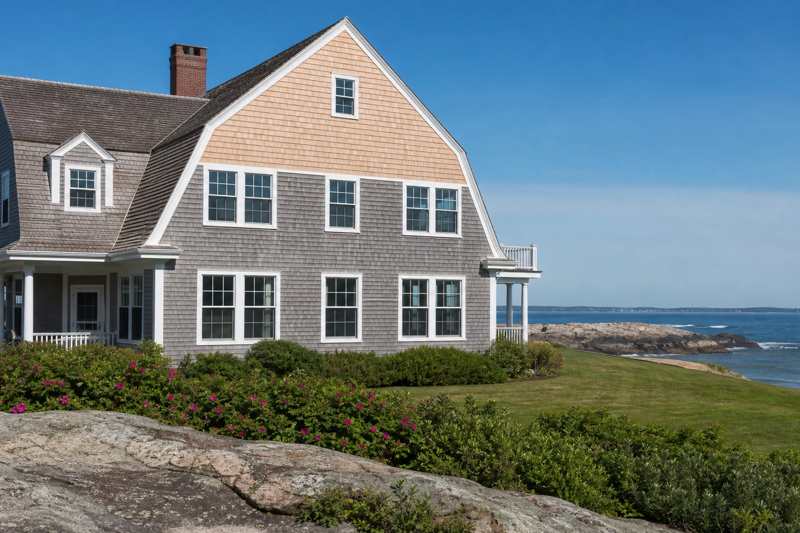 Cedar shingles on a Prouts Neck cottage in Scarborough: fresh eastern white cedar shingles being nailed up on the gable of a large antique summer cottage, older silver-gray shingles on the wall below, a rocky shore beyond, summer.