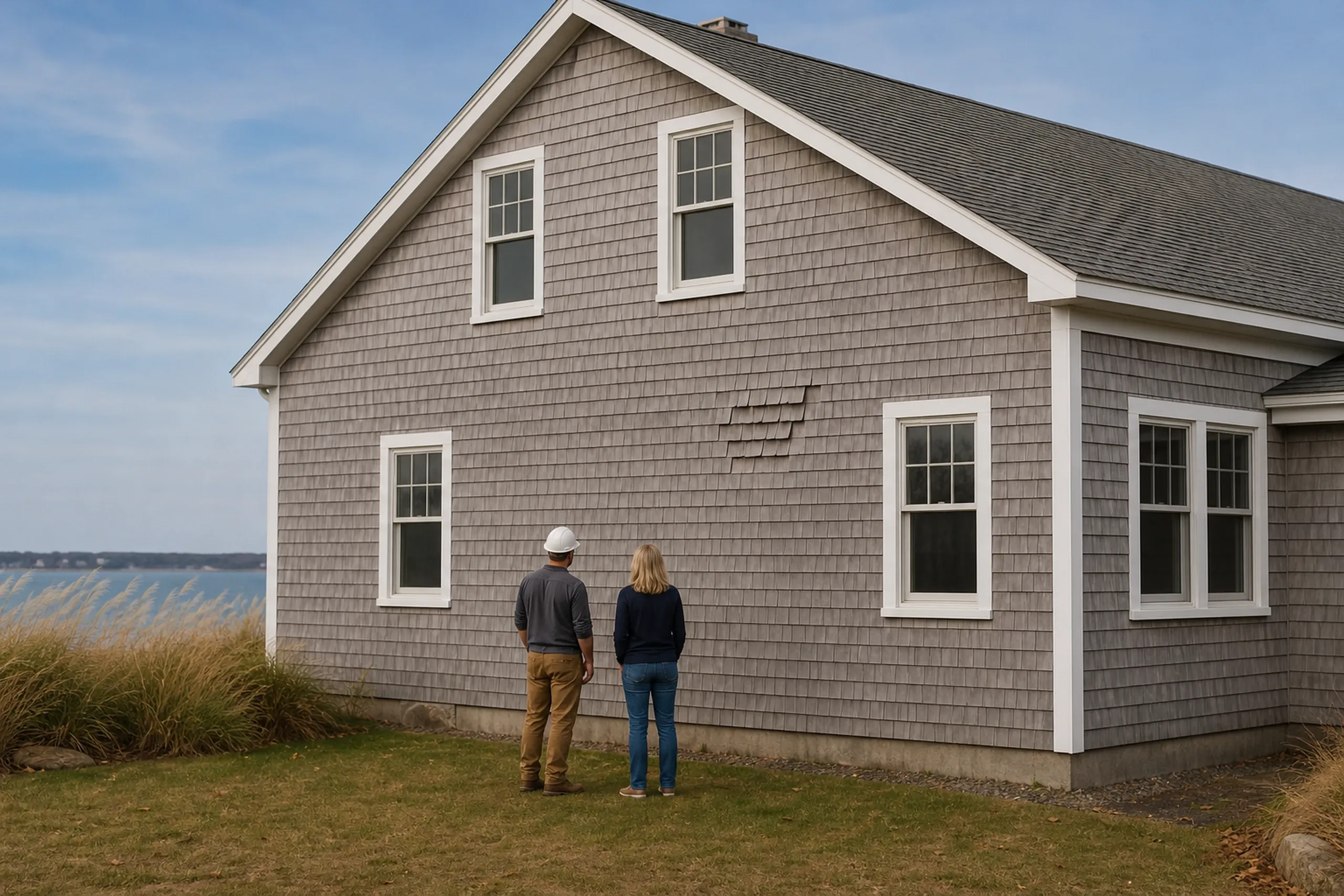 Scarborough siding first visit at a Higgins Beach cottage: In crisp early-autumn light, two people, a siding installer and a homeowner, seen from behind, stand beside a Higgins Beach cottage and look at gray cedar shingles that have cupped and curled, with dune grass at the edge of the yard.
