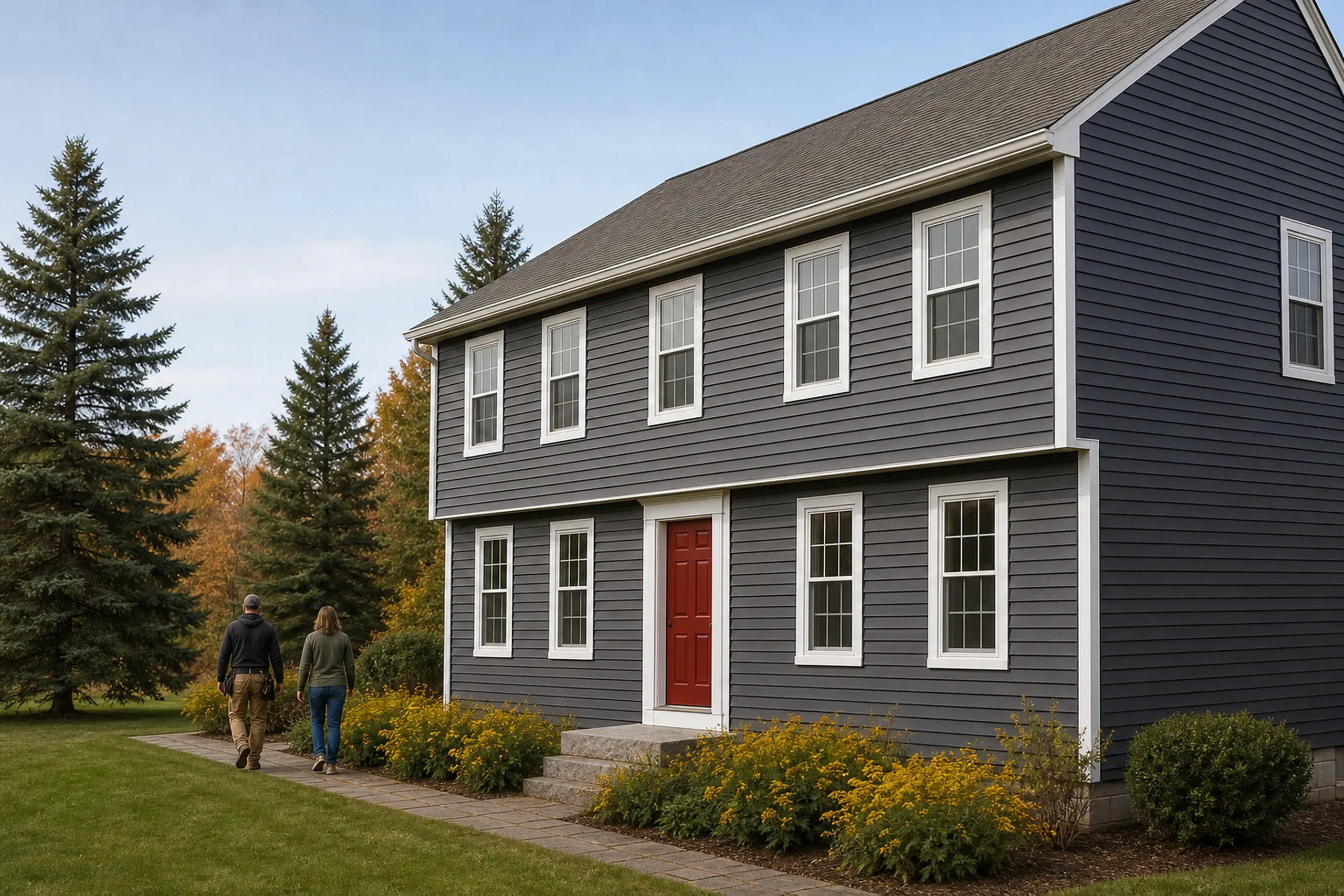 Scarborough siding final walkaround at a garrison colonial: In cool October morning light, two people, a siding installer and a homeowner, seen from behind, walk along a re-sided 1980s garrison colonial finished in charcoal vinyl lap with white corner boards, white window trim and a red front door, goldenrod beside the walk.
