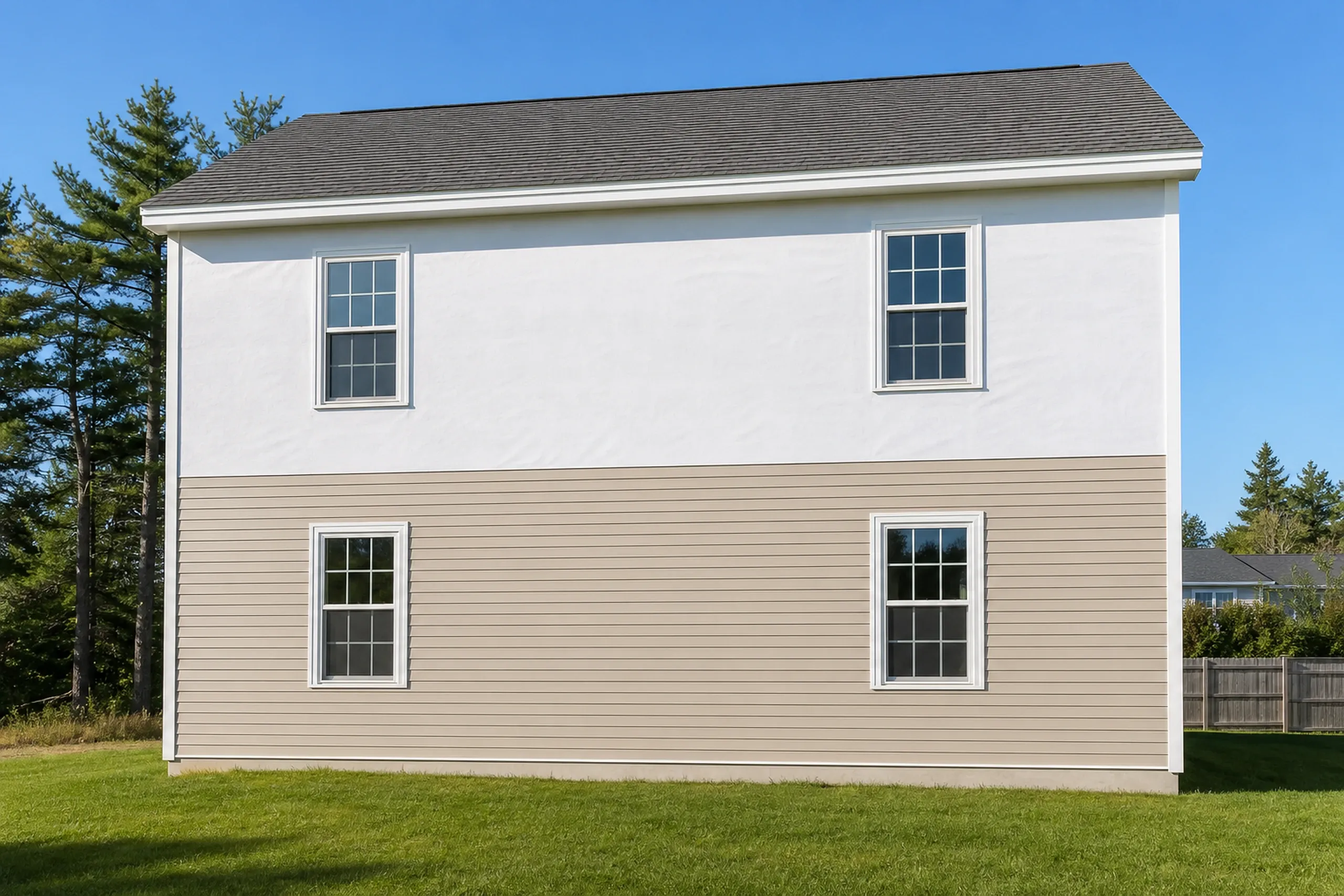 Vinyl siding replacement in a Scarborough subdivision: the side wall of a 1990s colonial where new beige vinyl lap panels rise from a starter strip over white housewrap, the lower half finished and the upper half still wrapped, late summer.