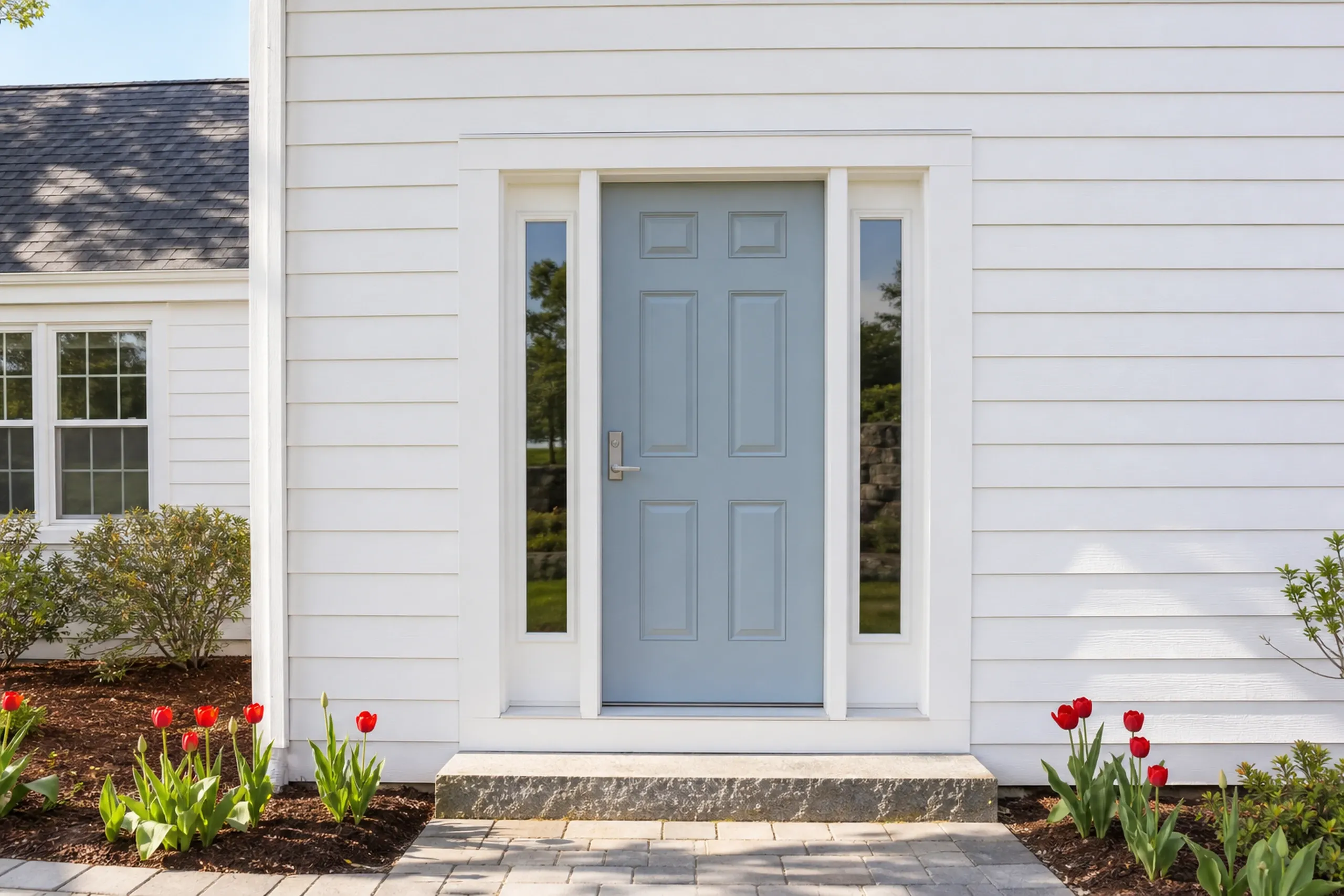 Scarborough re-sided cape front entry: The front entry of a re-sided Scarborough cape, soft white fiber cement lap around a pale blue paneled door with two narrow sidelights, white trim, a granite step and early red tulips along the foundation, clear late-spring morning light.