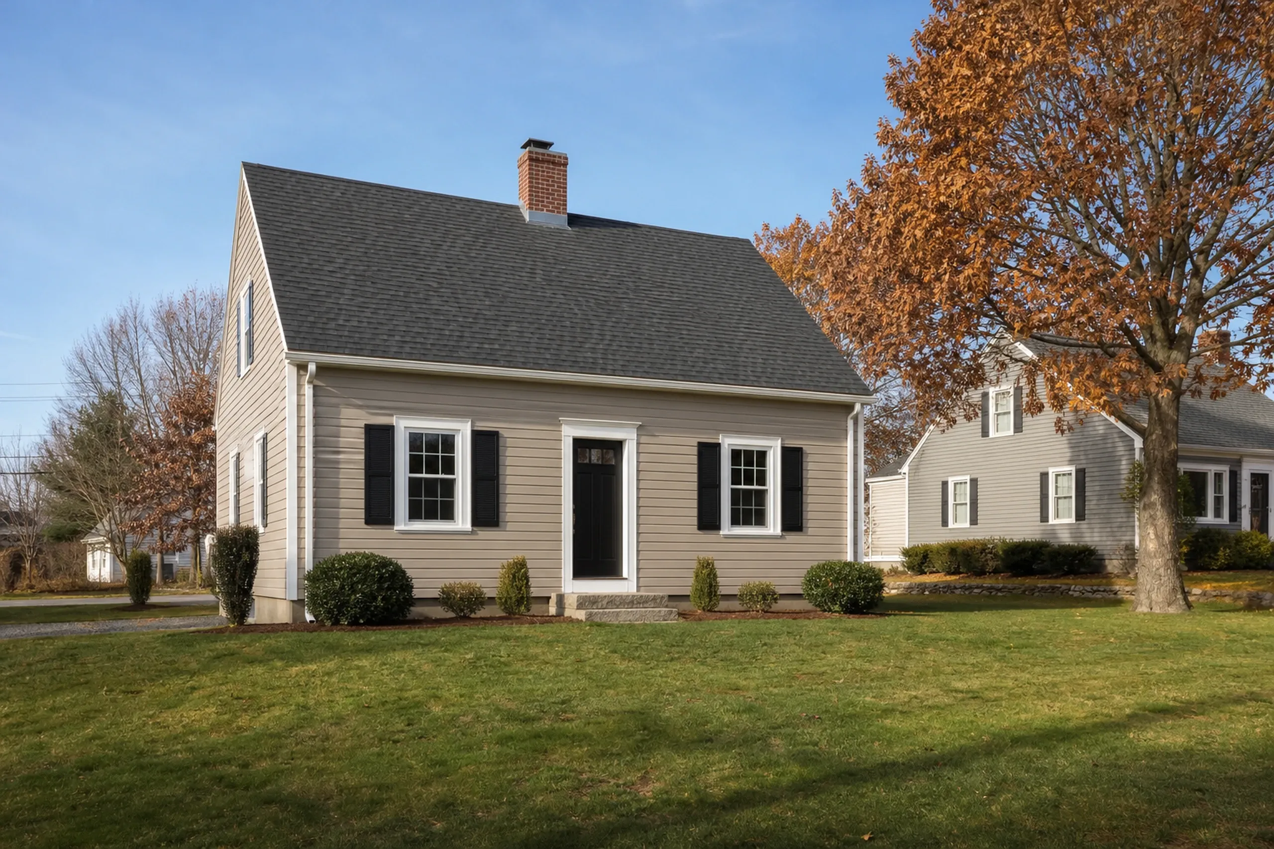 Re-sided South Portland 1940s cape in October: A re-sided 1940s cape on a compact lot, warm sand-colored vinyl lap siding with white trim and black shutters, a tidy lawn, a neighbor's house a short way off and an oak turning rust-brown, cool clear October morning light.
