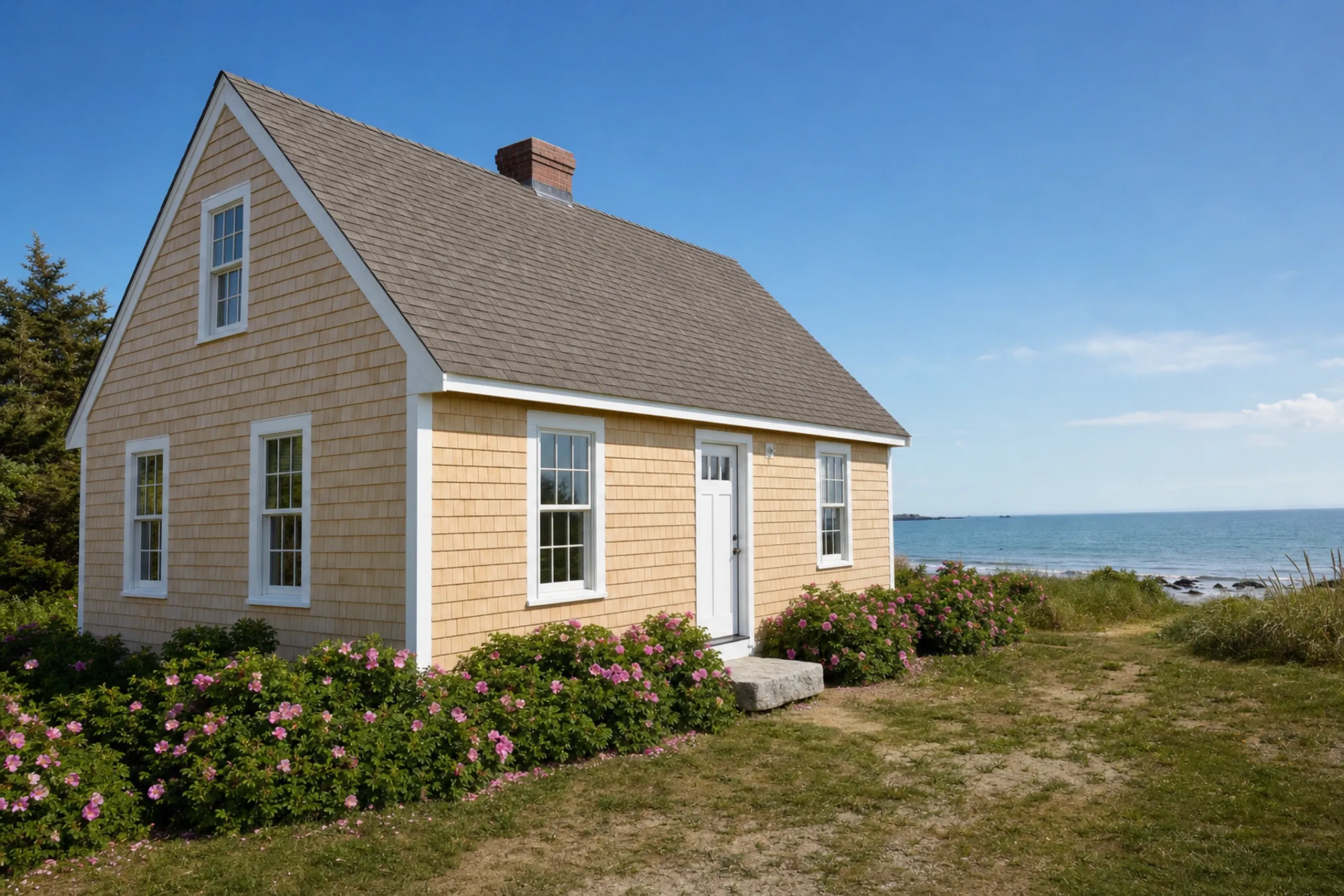 Siding installation in South Portland, ME: a small one-and-a-half-story cottage near Willard Beach finished in new eastern white cedar shingles left natural, white window trim and corner boards, beach roses by the granite step and the ocean beyond, early summer.