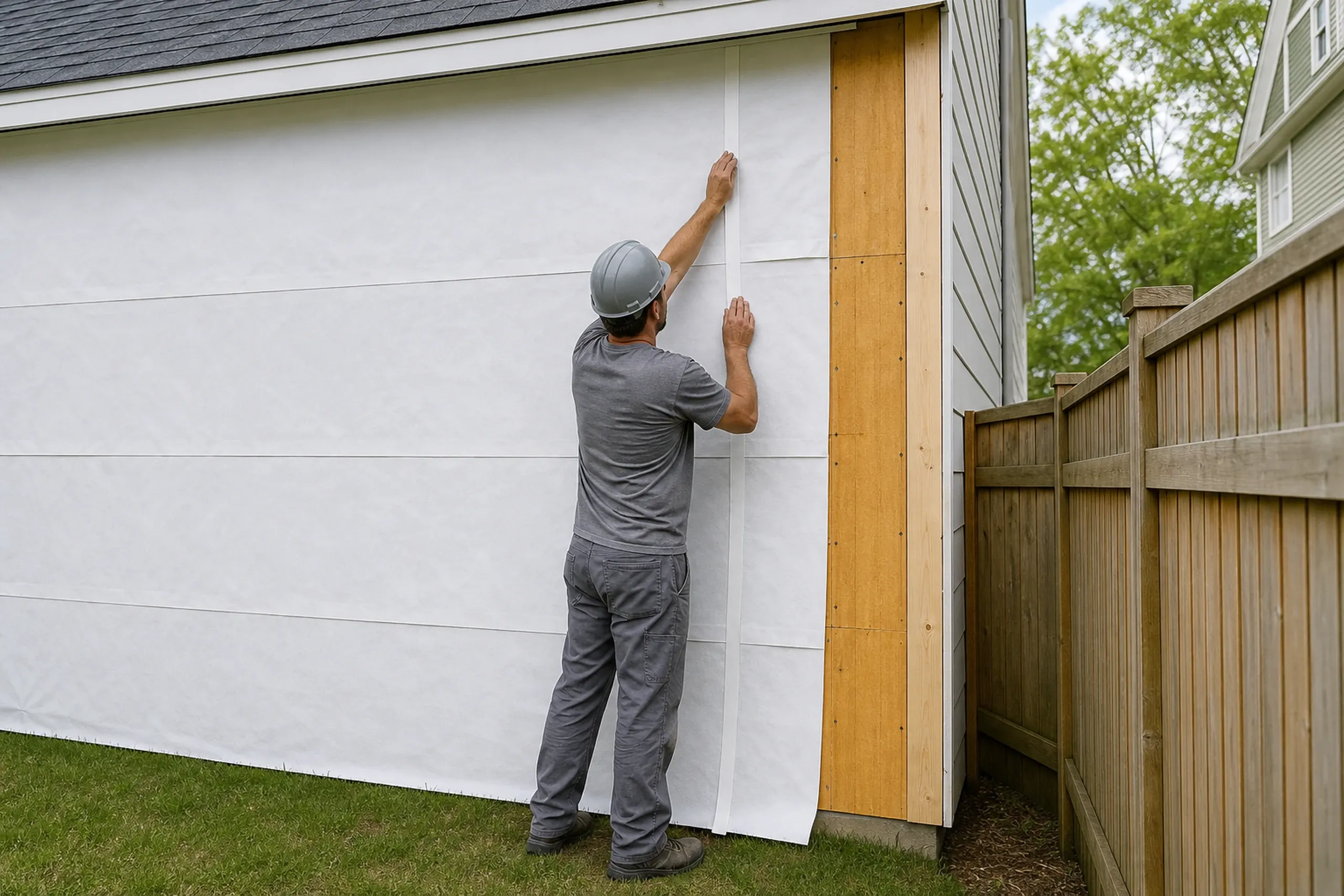 South Portland wall prep on a postwar house: one installer seen from behind, taping the seams of plain white housewrap on a wall stripped to sheathing, a narrow side yard and a neighbor's wooden fence beside him, late spring.