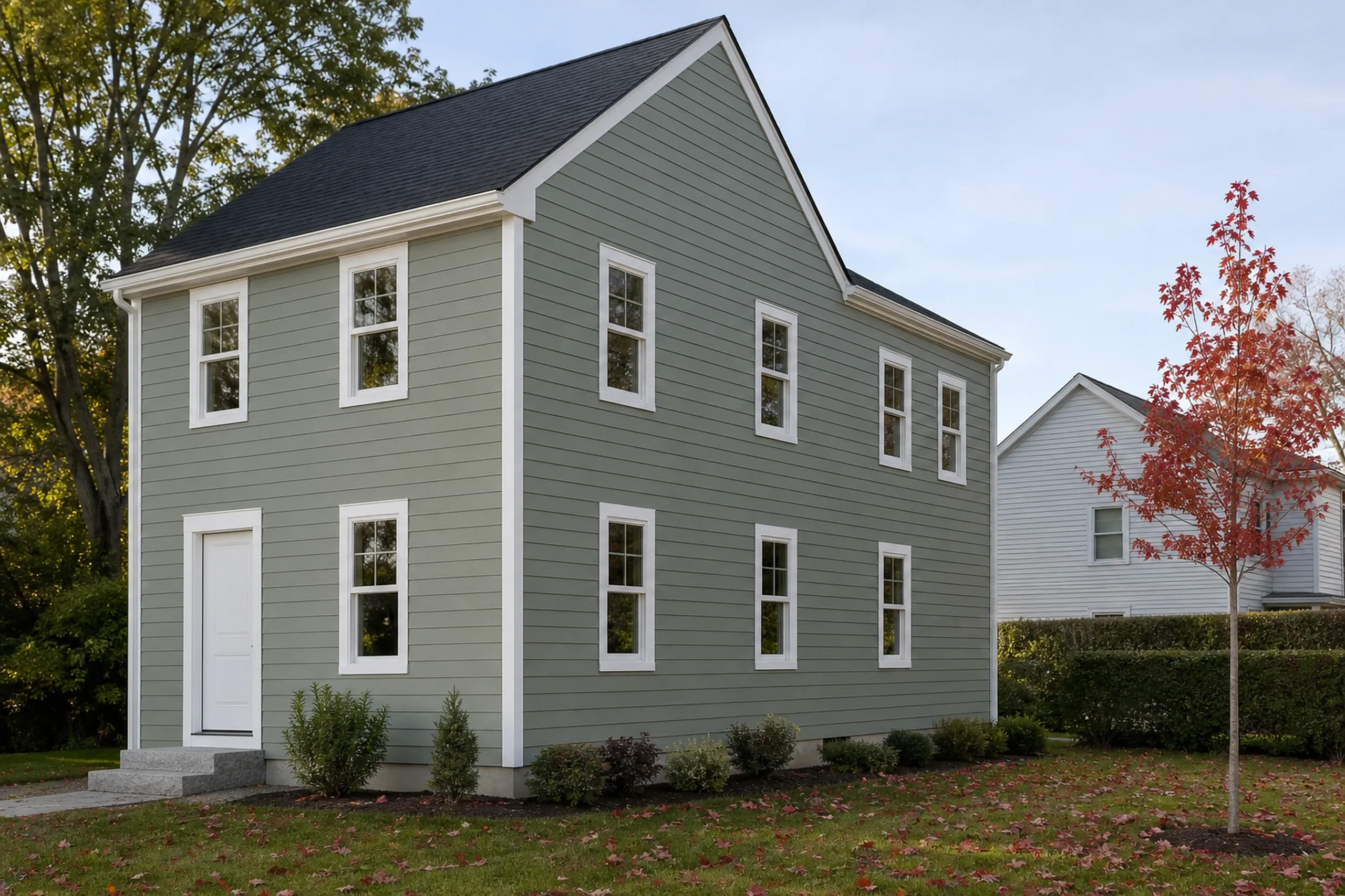 Fiber cement lap siding on a South Portland postwar house: a modest two-story home on a compact lot finished in fiber cement lap boards painted soft gray-green, crisp white corner boards and window casings, the neighboring house a short way off, early fall.