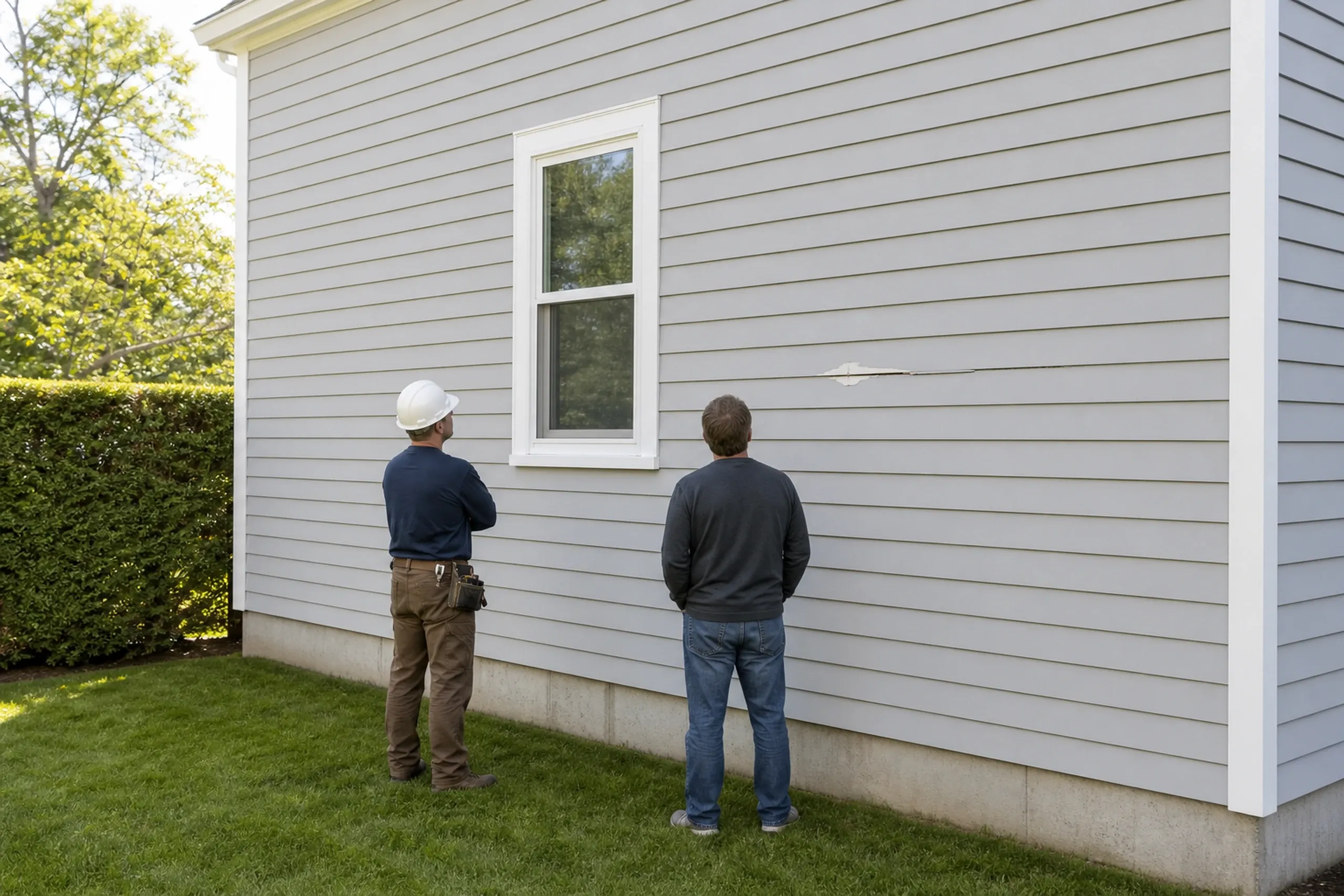 South Portland siding first visit at a postwar house: On a clear late-spring morning in a narrow side yard, two people, a siding installer and a homeowner, seen from behind, face the wall of a postwar two-story house and look at a long split in one clapboard and paint flaking beside the window.