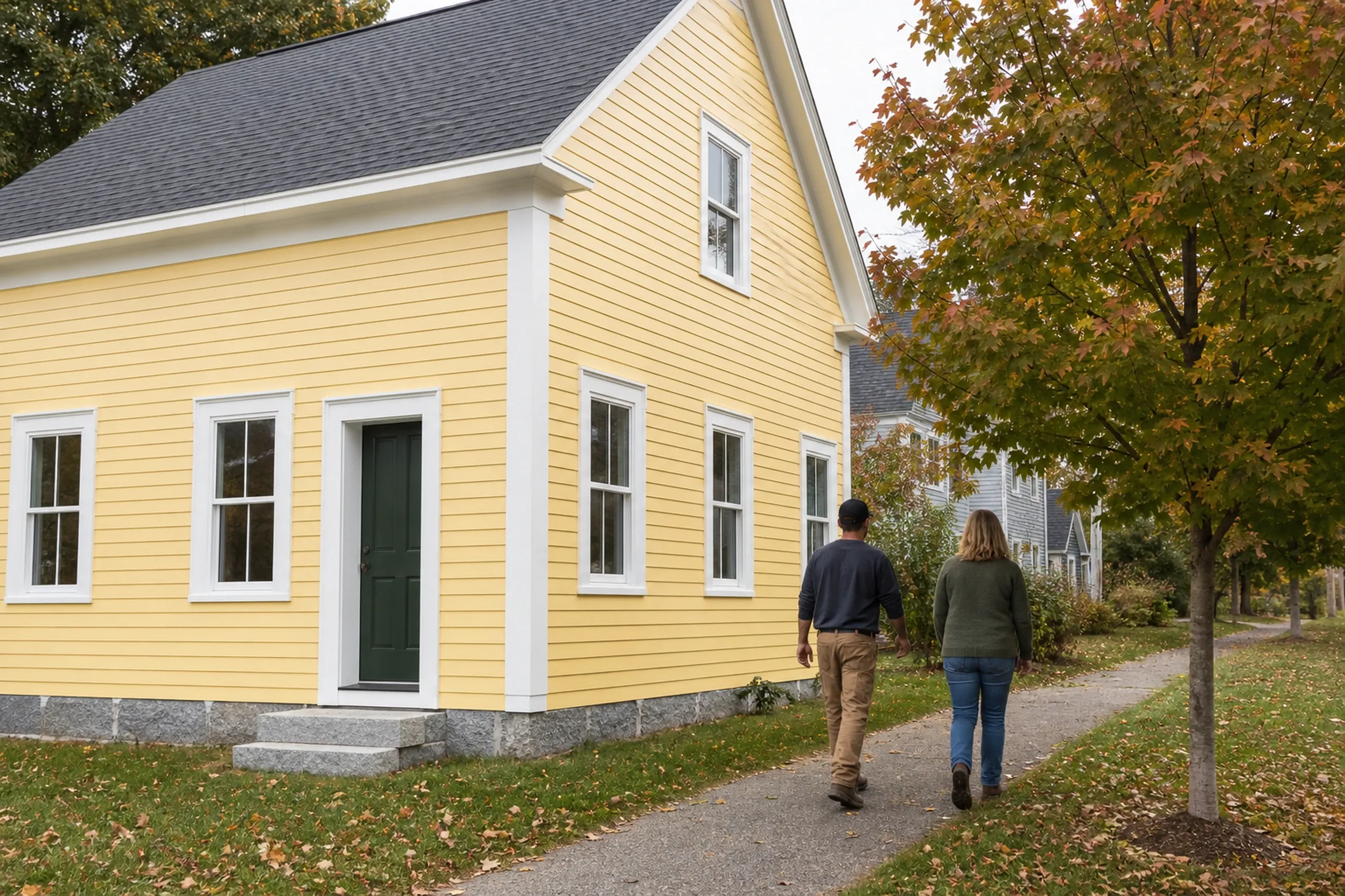 South Portland siding final walkaround in Knightville: In crisp early-autumn light, two people, a siding installer and a homeowner, seen from behind, walk past the side of a re-sided Knightville village house finished in butter-yellow LP lap with white trim and a forest-green door, a few maple leaves on the lawn.