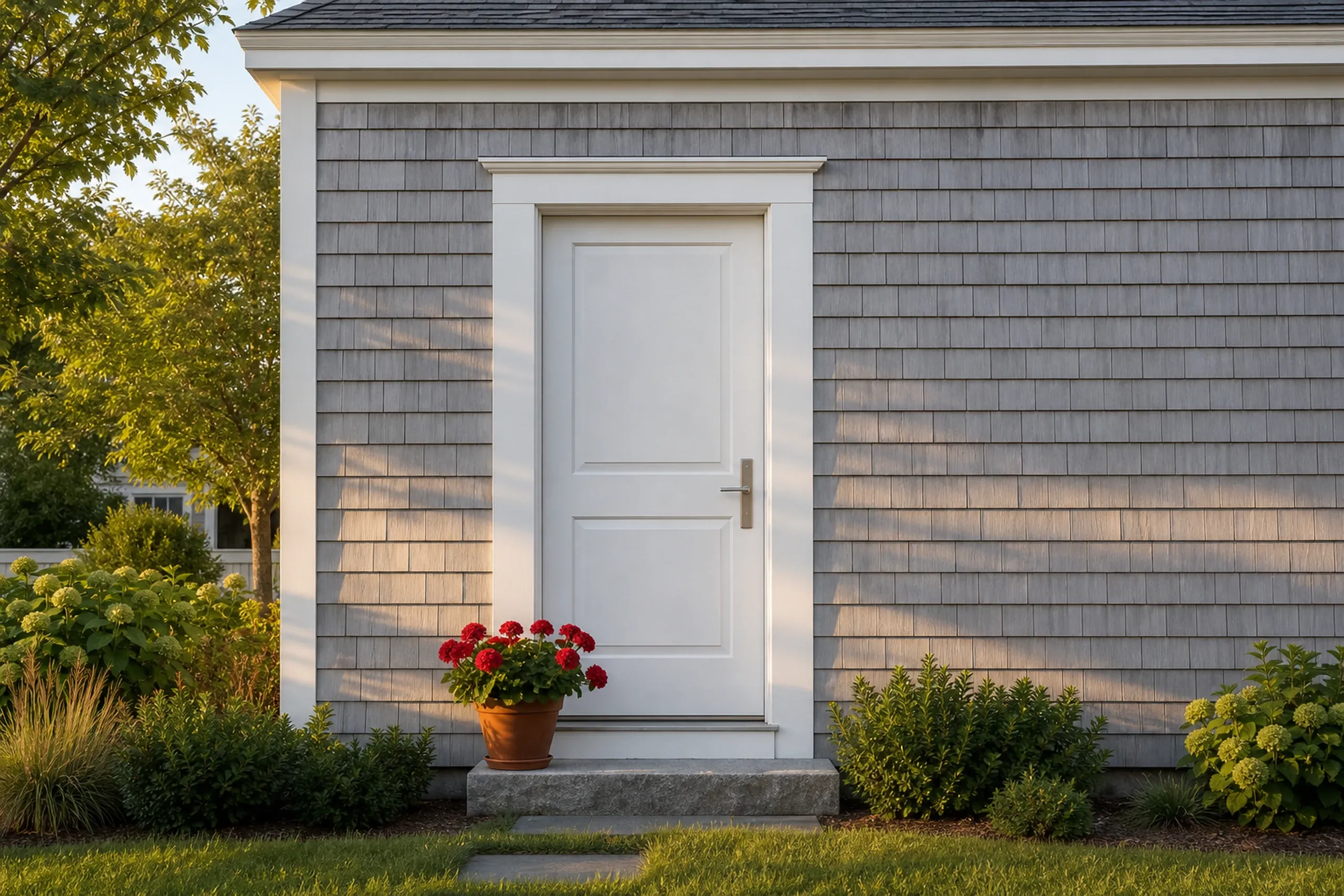 South Portland re-sided cottage front entry: The front entry of a re-sided Ferry Village cottage, silver-gray cedar shingles around a white paneled door, white trim, a single granite step and a clay pot of red geraniums, warm late-afternoon summer light, seen straight on.