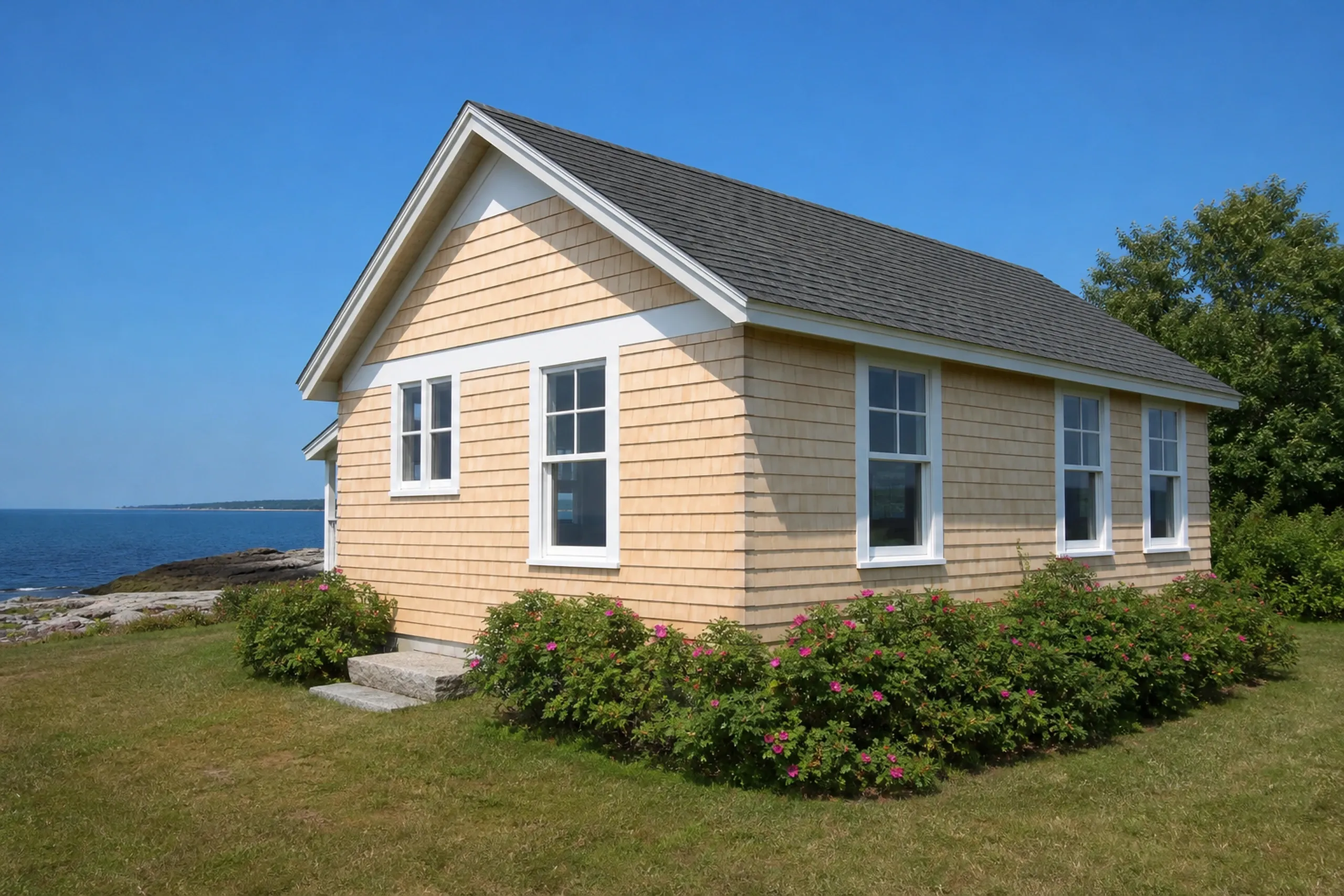 Cedar shingles going up near Willard Beach in South Portland: fresh eastern white cedar shingles laid course by course over housewrap on a cottage wall, straight butt lines and a woven outside corner, bright summer light.