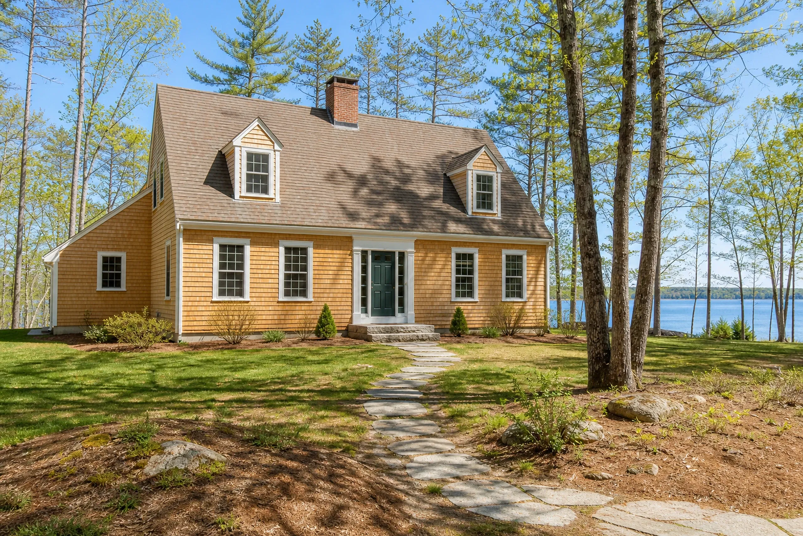 Standish re-sided lake cape in late spring: a re-sided cape on a wooded lot near Sebago Lake, natural cedar shingles with white window trim, a fieldstone walk, new green leaves on the birches and a flat blue gleam of water through the trees, clear late-spring morning light.