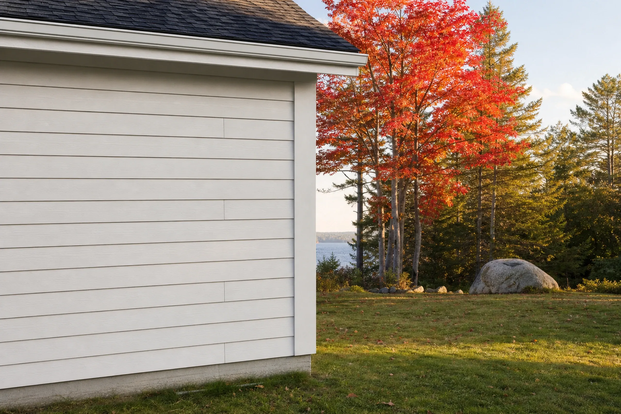 Standish, ME farmhouse-style home: white fiber cement lap siding meeting a wide white corner board under a gray roof edge, red maples behind in October.