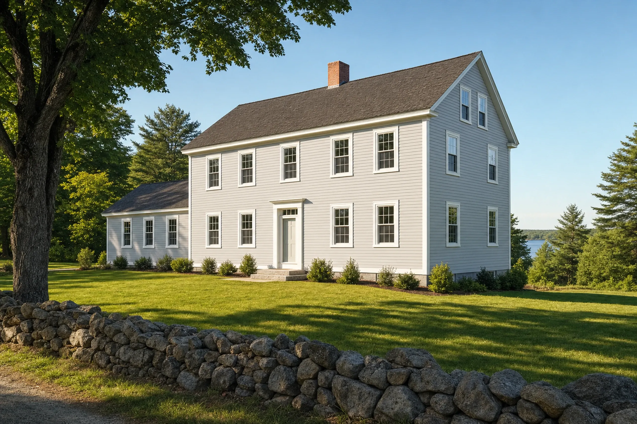 Siding installation in Standish, ME: two-story farmhouse-style colonial on a wide rural lot with new pale gray vinyl lap siding, white corner boards and trim, summer maples.