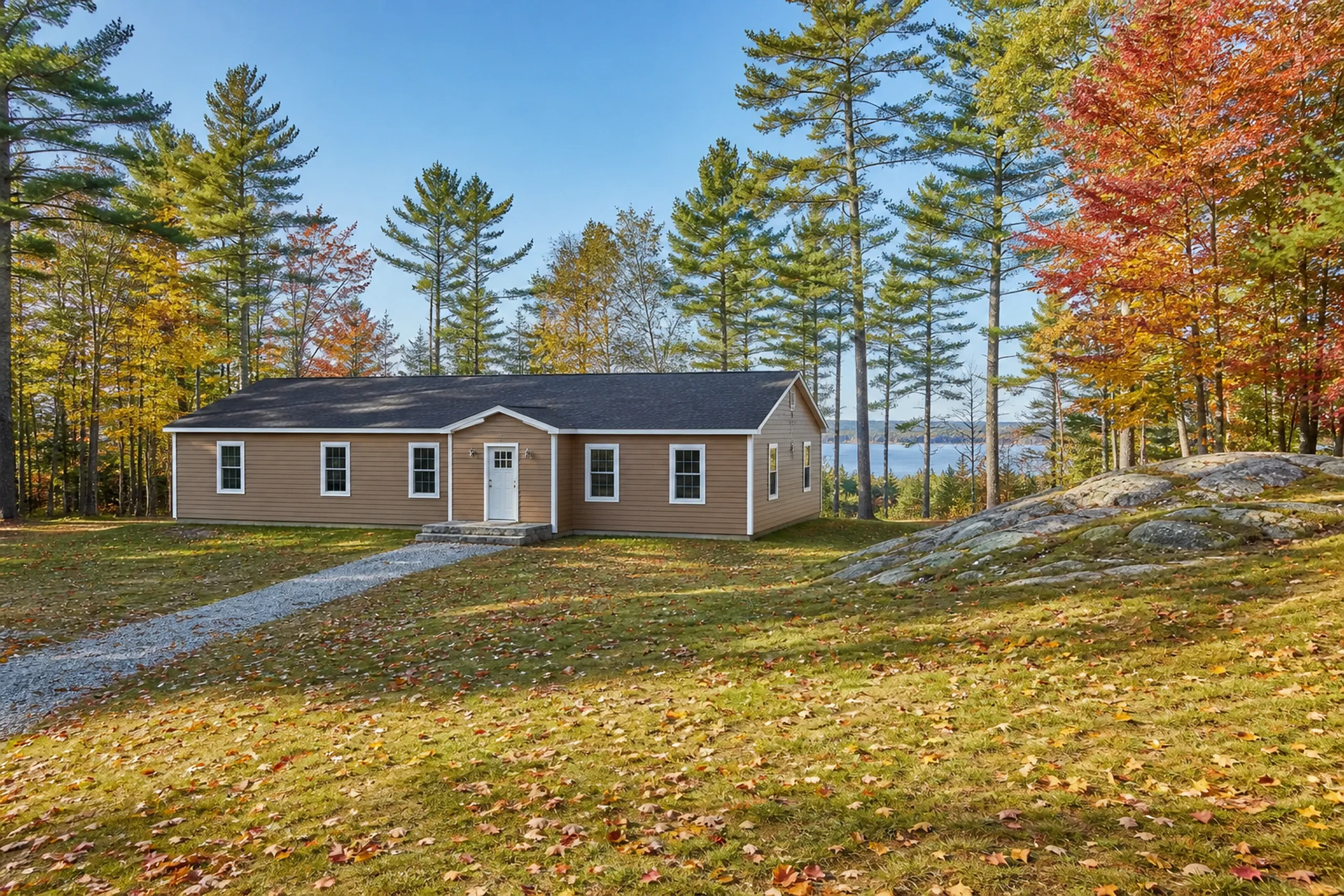 Standish, ME rural home: one-story house on a wooded lot with new clay-colored vinyl lap siding, white trim and a fieldstone step, early fall leaves on the grass.