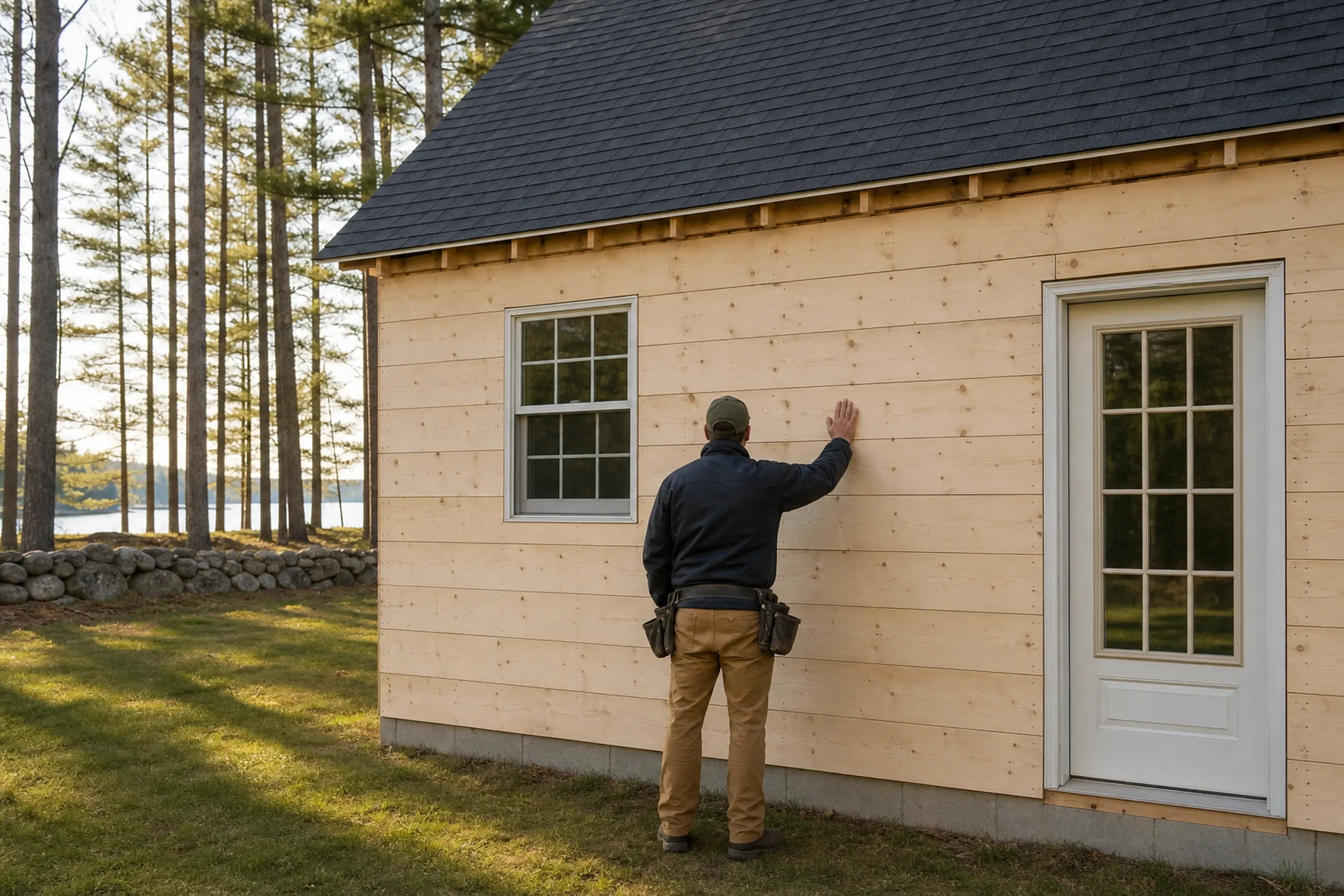 Standish, ME re-side: one installer seen from behind pressing a palm against bare plywood sheathing on a lower wall where the old siding was stripped, late spring light.