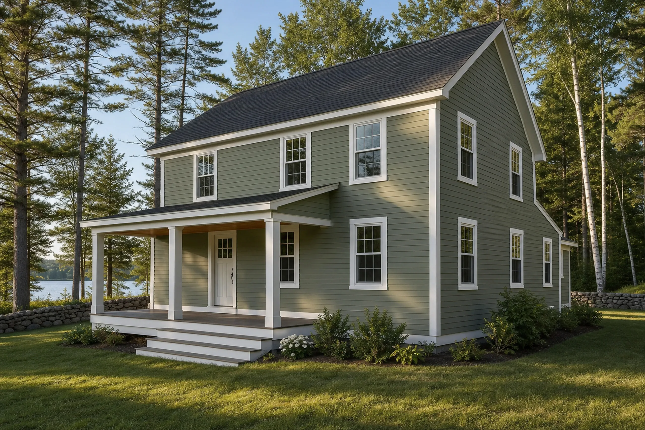 Steep Falls village house in Standish, ME: two-story home with painted sage green engineered wood lap siding, white window casings and a covered front porch, midsummer.