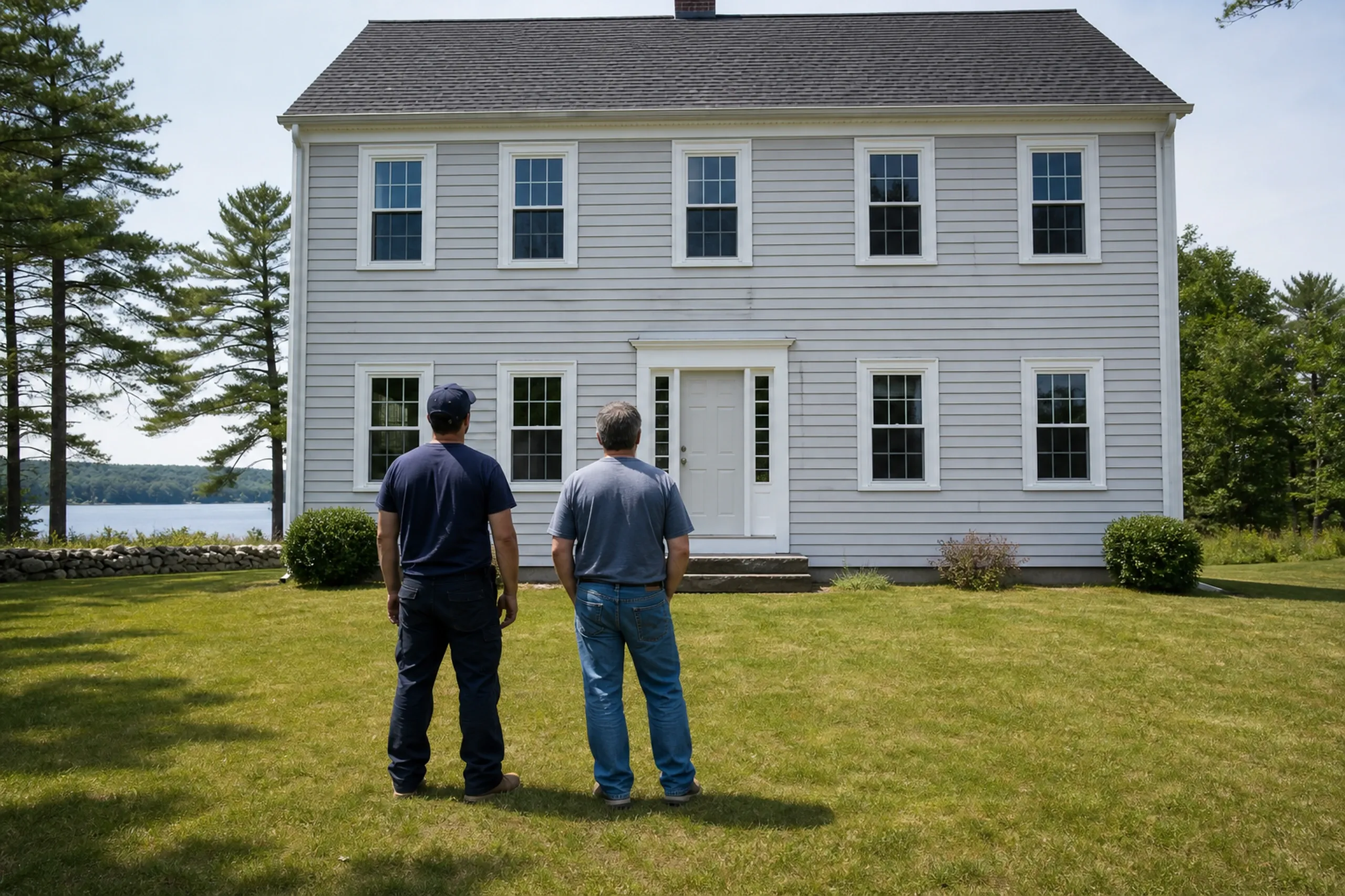 Standish first visit at a farmhouse colonial: two people, a siding installer and a homeowner, seen from behind, stand at the front wall of a farmhouse-style colonial on a wide lot where the pale gray vinyl lap siding has faded and bowed and a board near the window has cracked, bright early-summer afternoon light.